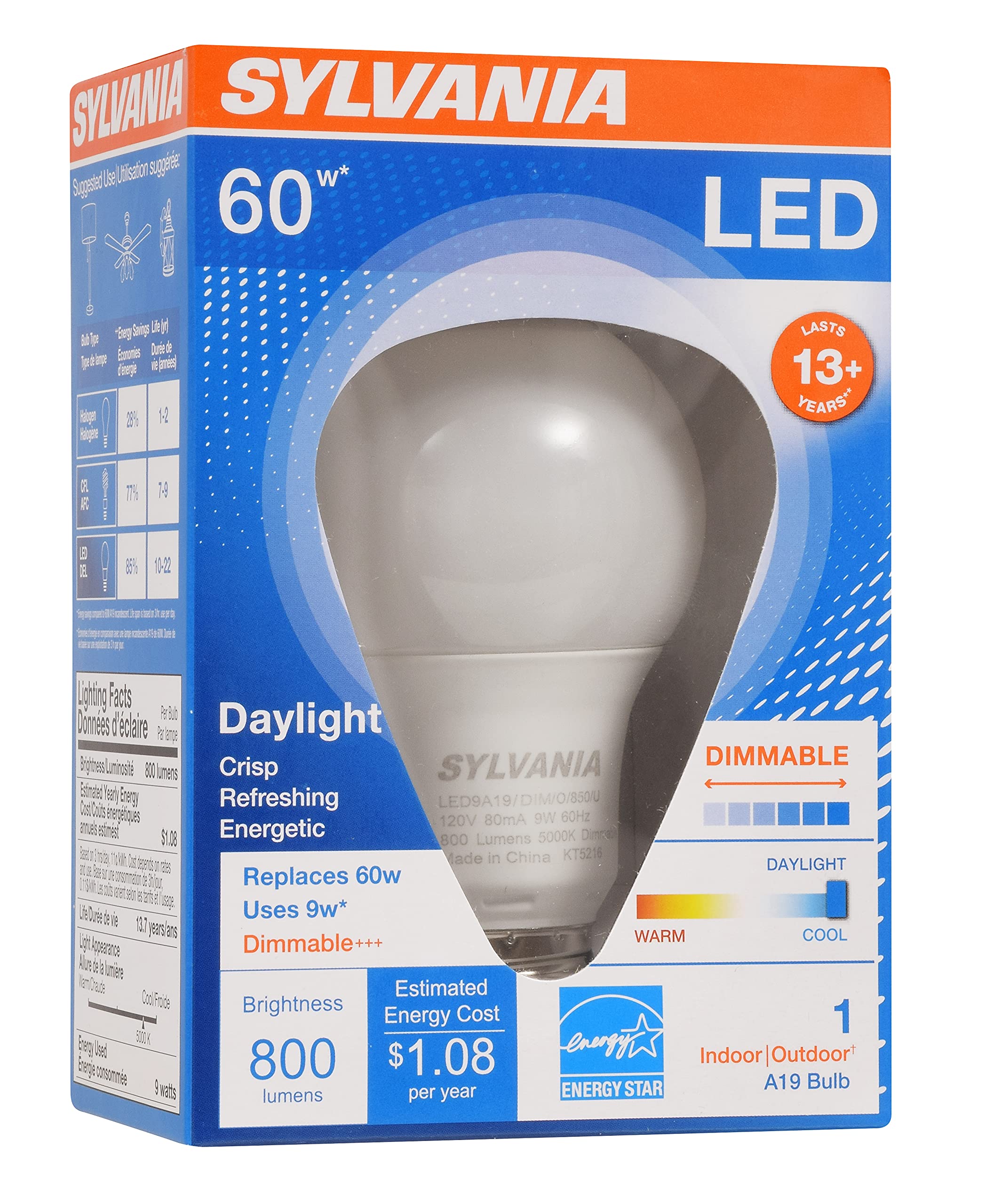 LEDVANCE SYLVANIA A19 LED Light Bulb, 9W, 800 Lumens, Dimmable, Daylight, 5000K, 1 Pack, Model 780