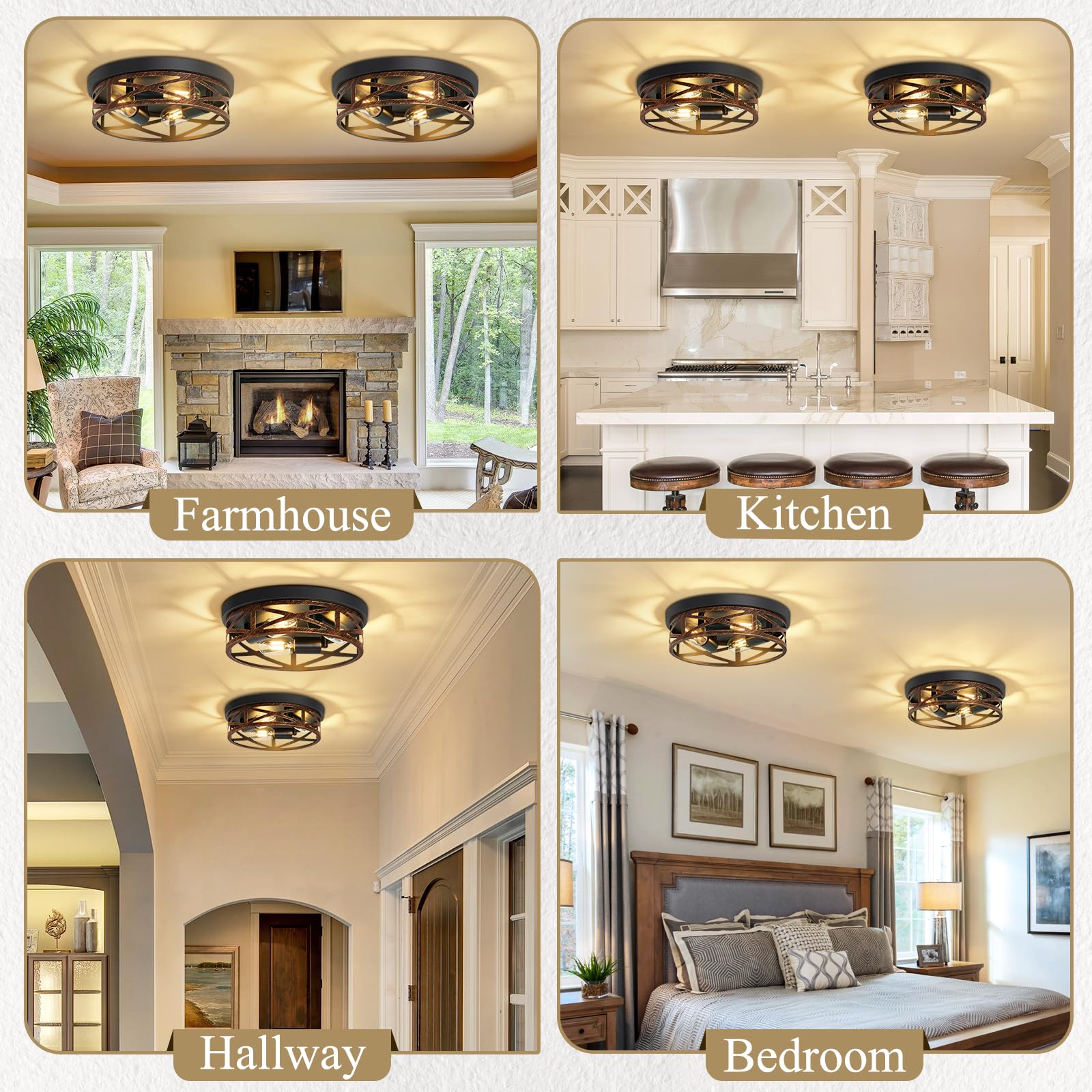 SKEJAO Flush Mount Ceiling Light Fixture, Vintage Metal Black, 13 inch, Model SK004G, 2 Pack