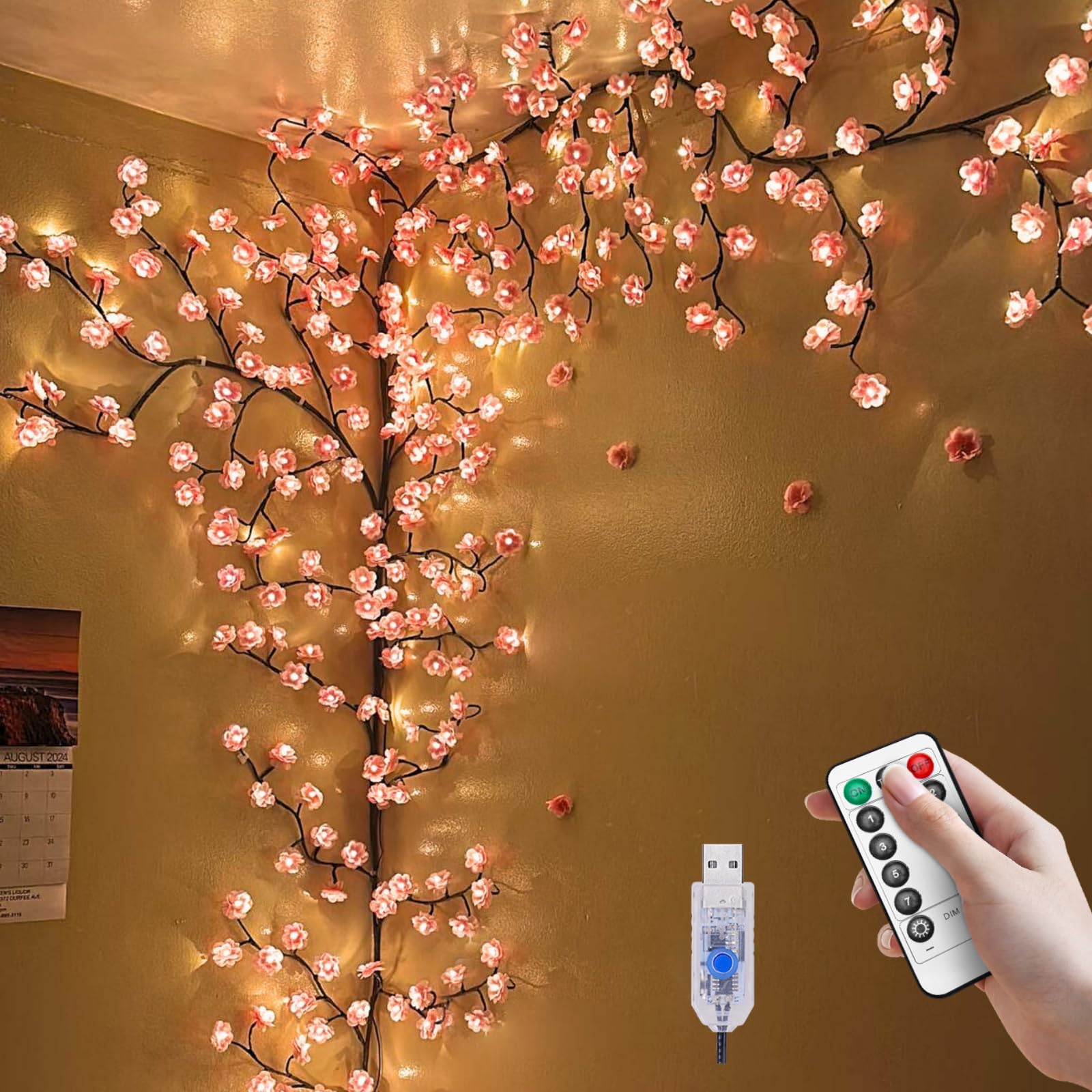 Cherry Blossom Lights for Room Decor Aesthetic,7.55 FT DIY Pink Cherry Blossom Wall Decor with 144 LED Flower Lights,Remote Time