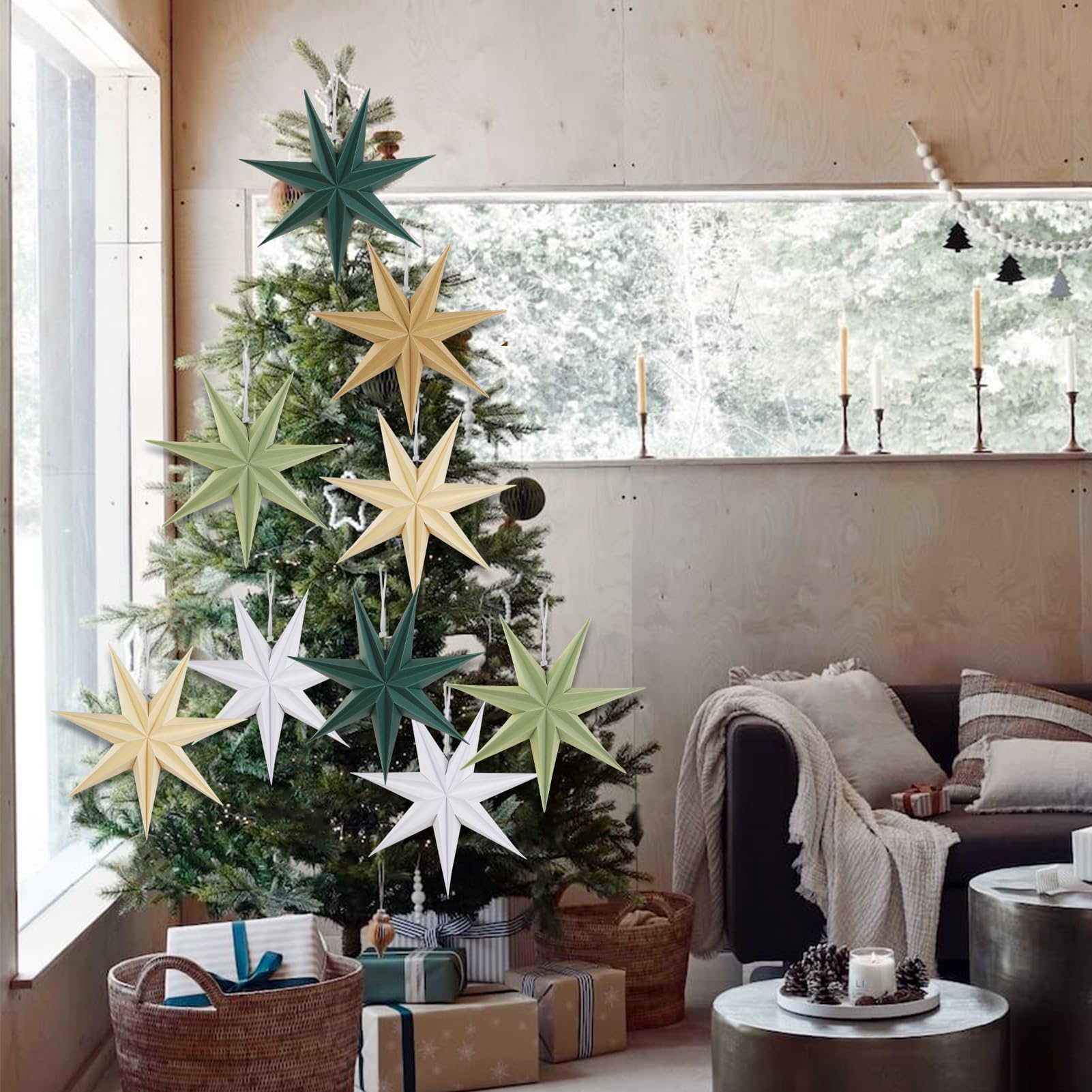 Sunbeauty Sage Green 7-Pointed 12 Inch Paper Star Lanterns Christmas Hanging Lamp Paper Decorations Shade Wedding Birthday Chris