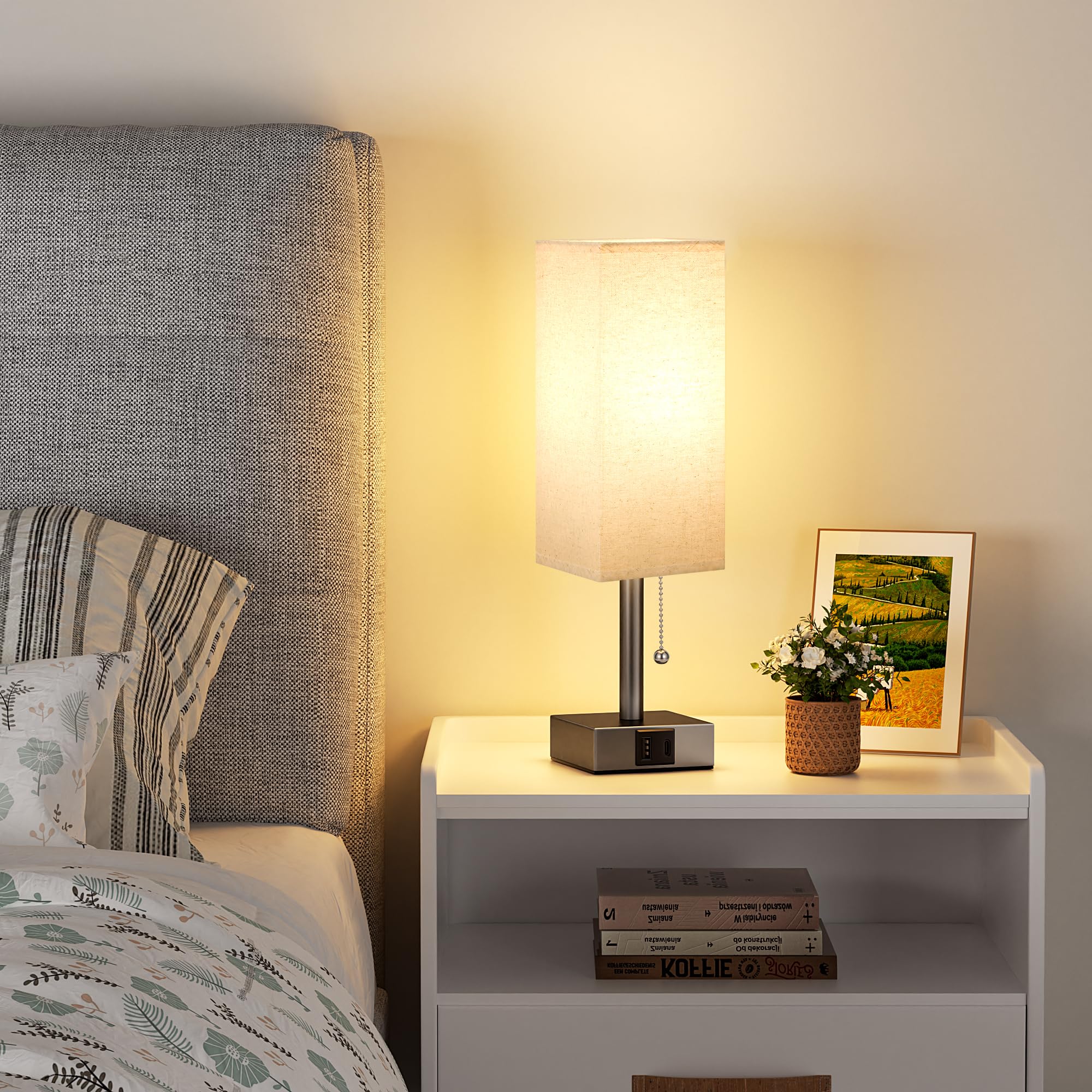 Aooshine Beige Small Table Lamp For Bedroom - 3 Color Temperature 3000K 5000K 4000K Bedside Lamp, Pull Chain Control, Usb A And