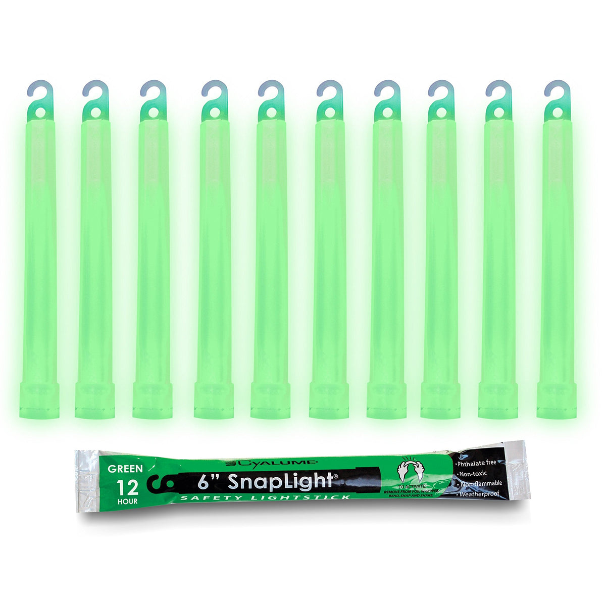 Cyalume Glow Sticks Military Grade Lightstick - Premium Green 6” Snaplight Emergency Chemical Light Stick With 12 Hour Duration , 10 Pack
