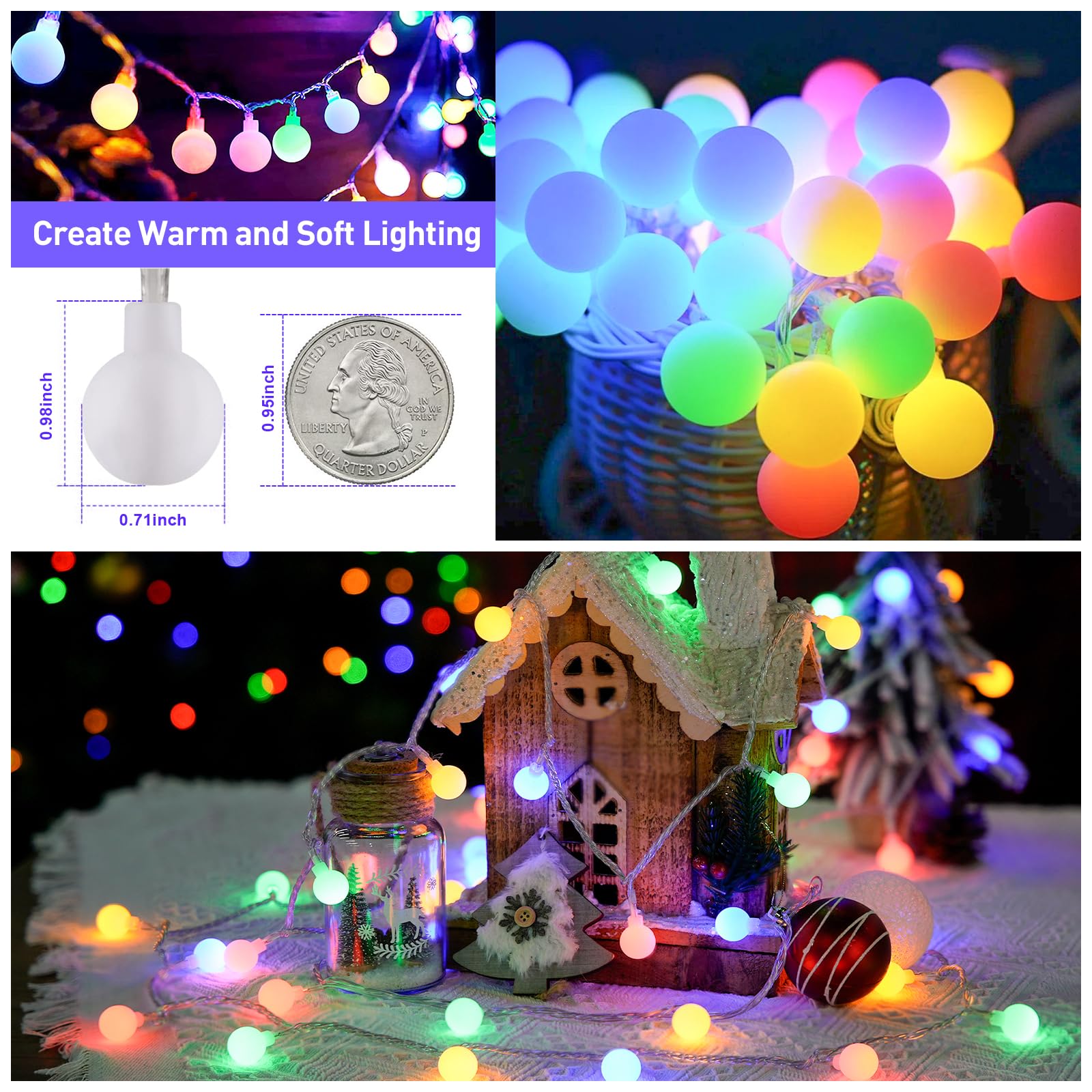 JMEXSUSS 100 LED Battery Operated Globe String Lights, 33ft Waterproof, Multi-Color, Remote Control, for Indoor Outdoor Decoration