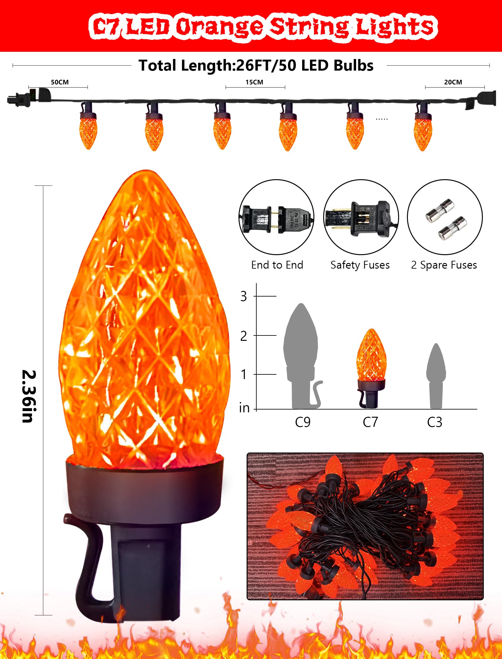 Orange Halloween String Lights Outdoor  26Ft Halloween Decorations Lights With 50 C7 Led Strawberry Orange Bulbs  Hanging Outdoor Patio Light For Outside Roofline Fall House Window Holiday Party Decor
