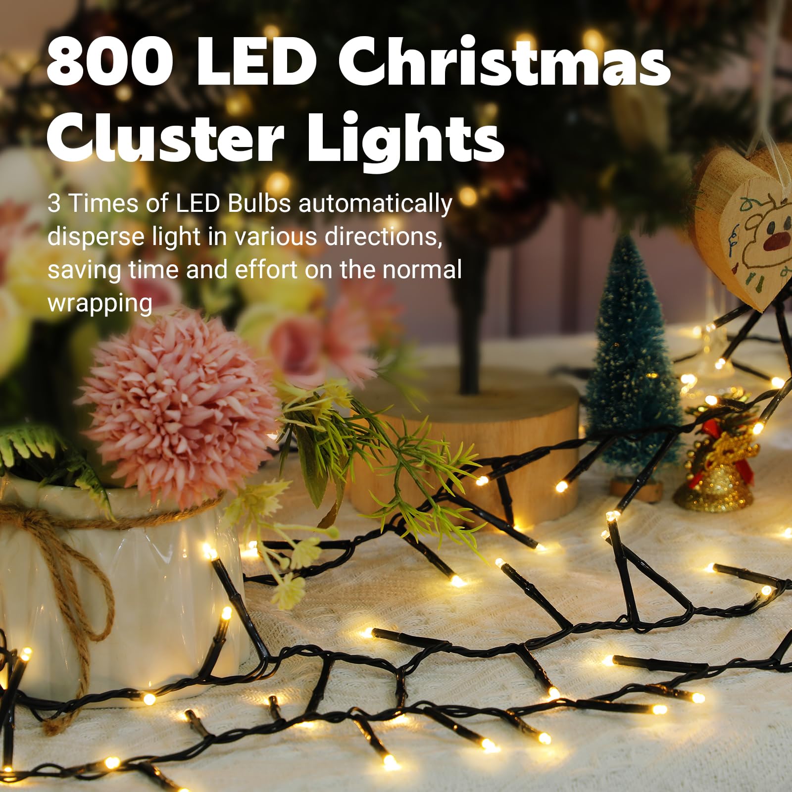 Elavika 80Ft Cluster Lights Christmas Tree Lights Outdoor 800 Led, Firecrackers String Lights With Remote, Waterproof Plug In Tw