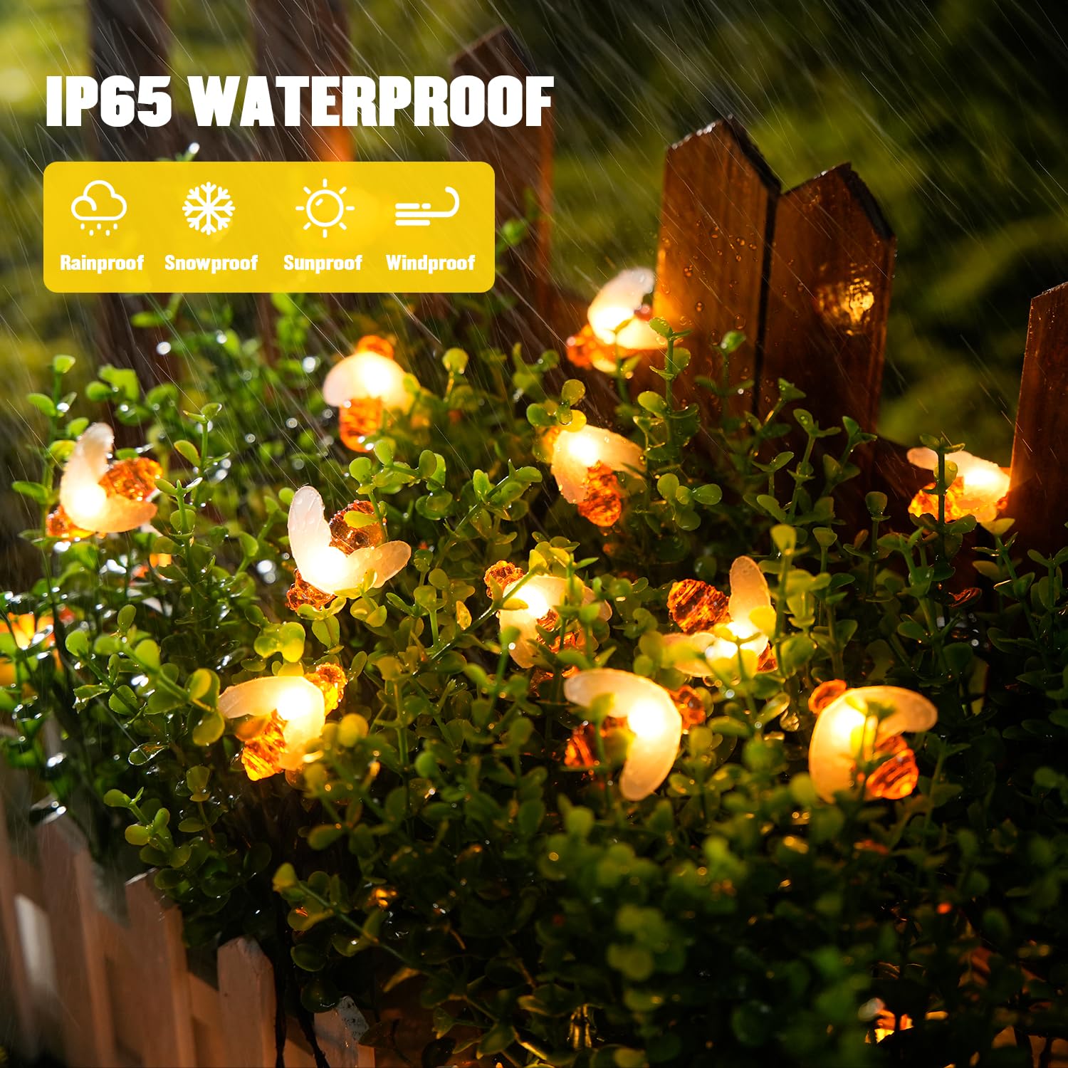 JMEXSUSS Solar Bee Lights - 30.6FT 50 LED Waterproof Fairy Lights, 8 Modes for Garden Patio Yard Decorations