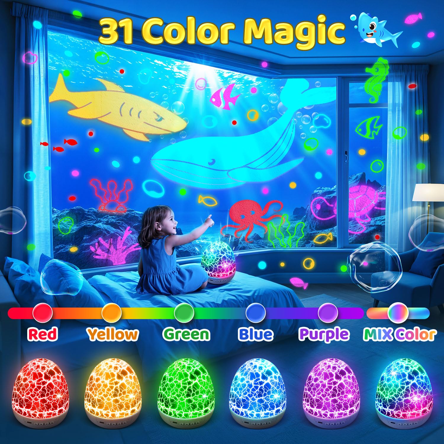 Baby Sound Machine Night Light Projector | 15 Sleeping Sounds & 3D Films | 31Colors & Remote Control | Toddler Night Light for K