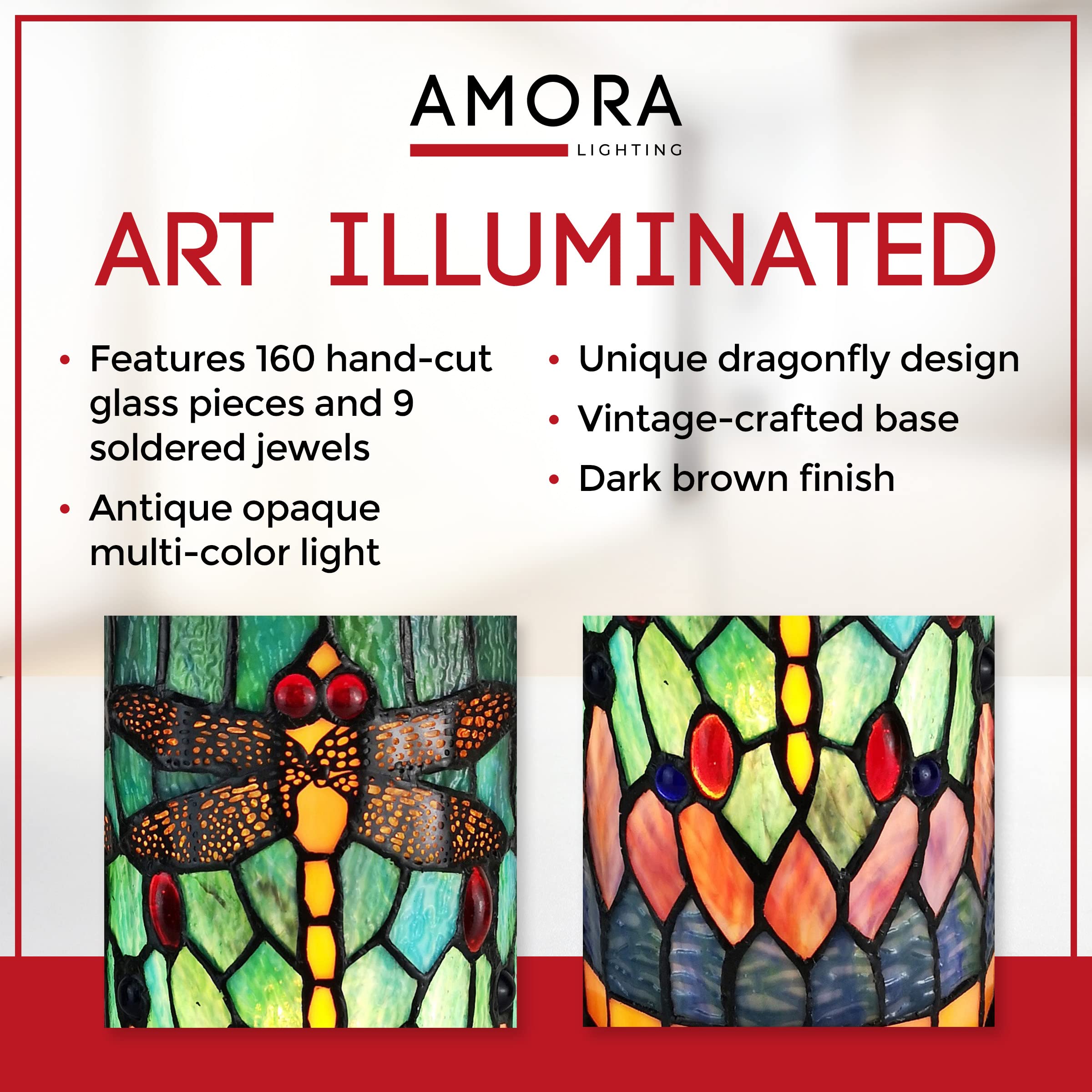 Amora Tiffany Dragonfly Lamp - 11” Vintage Decorative Desk Lamp With Mosaic Shade - Multicolor