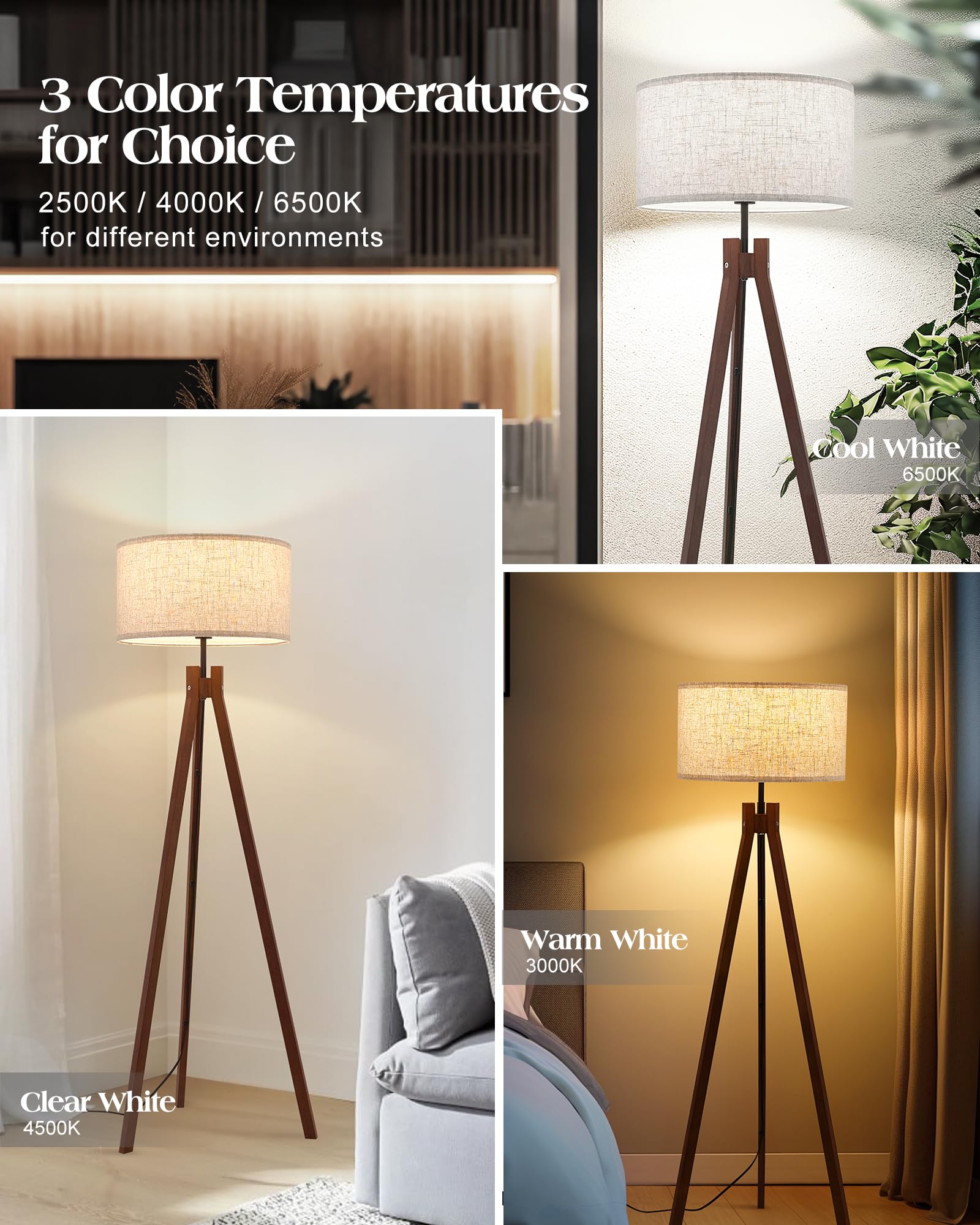 ELYONA Wood Tripod Floor Lamp, Mid Century Design, 3 Color Temperatures, Brown, Model UF1103-WA, LED Bulb Included