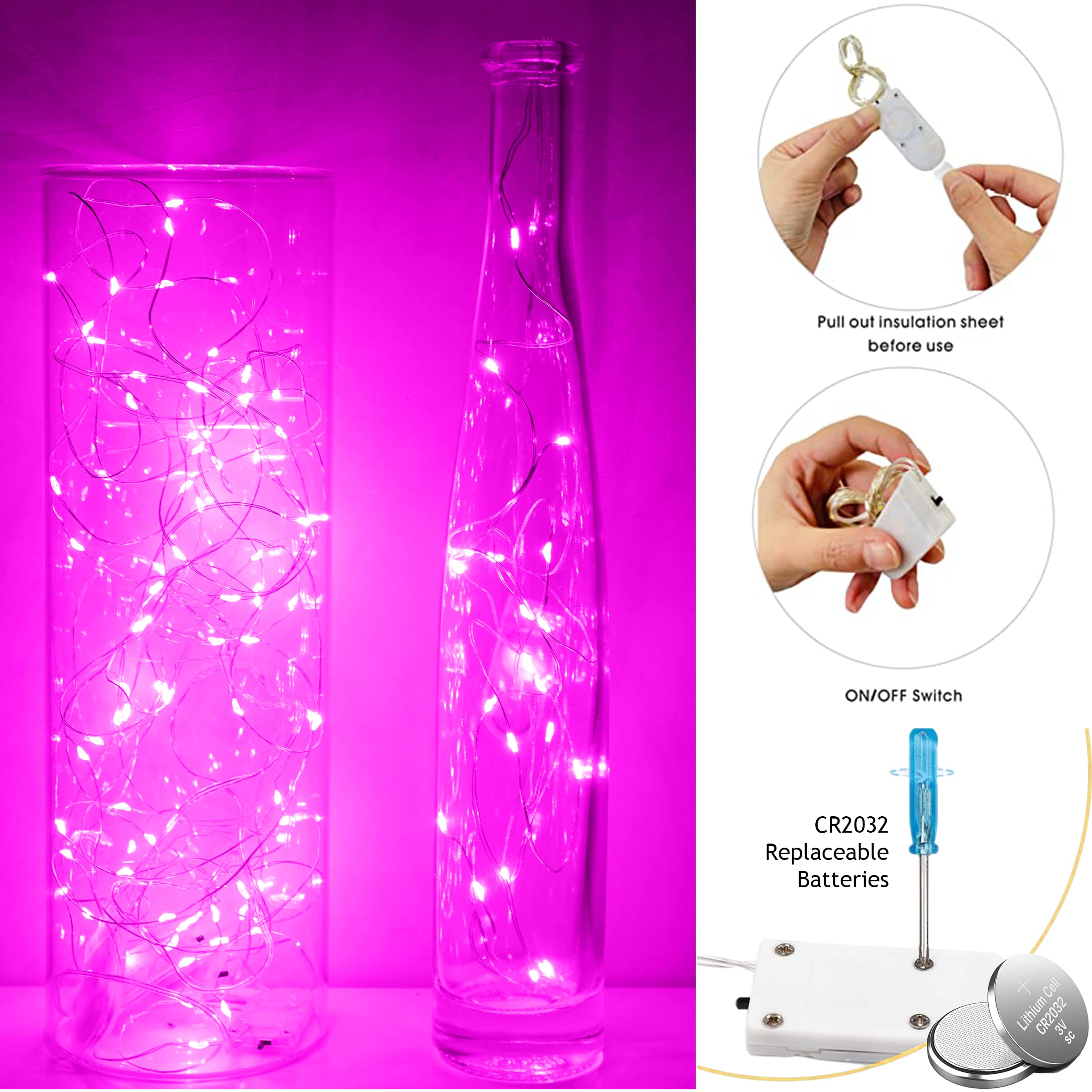 Sunkite 20 Led Fairy String Lights, Waterproof 6.6Ft Silver Copper Wire, Pink For Parties & Decor