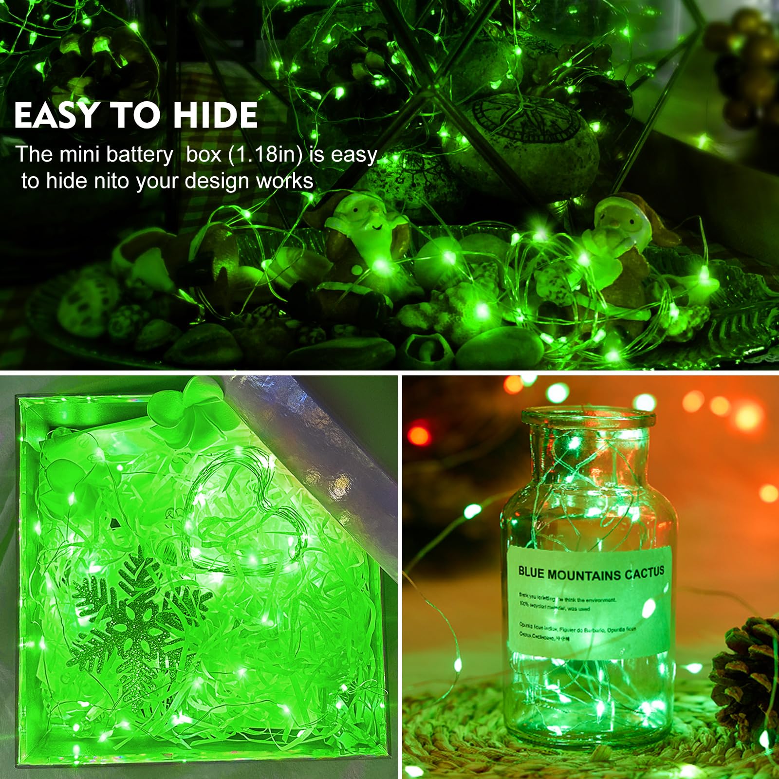 AIKEI LED Fairy Lights - Waterproof String Lights, 7ft, 20 LEDs, Battery Operated, Green, 12 Pack
