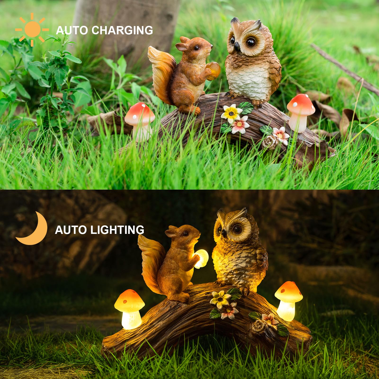 Wondhome Solar Owl Garden Statues Outdoor Decor Resin Owl Squirrel Figurine With Mushroom Lights For Patio Lawn Yard Decorations Christmas Housewarming Gardening Gifts For Women Mom