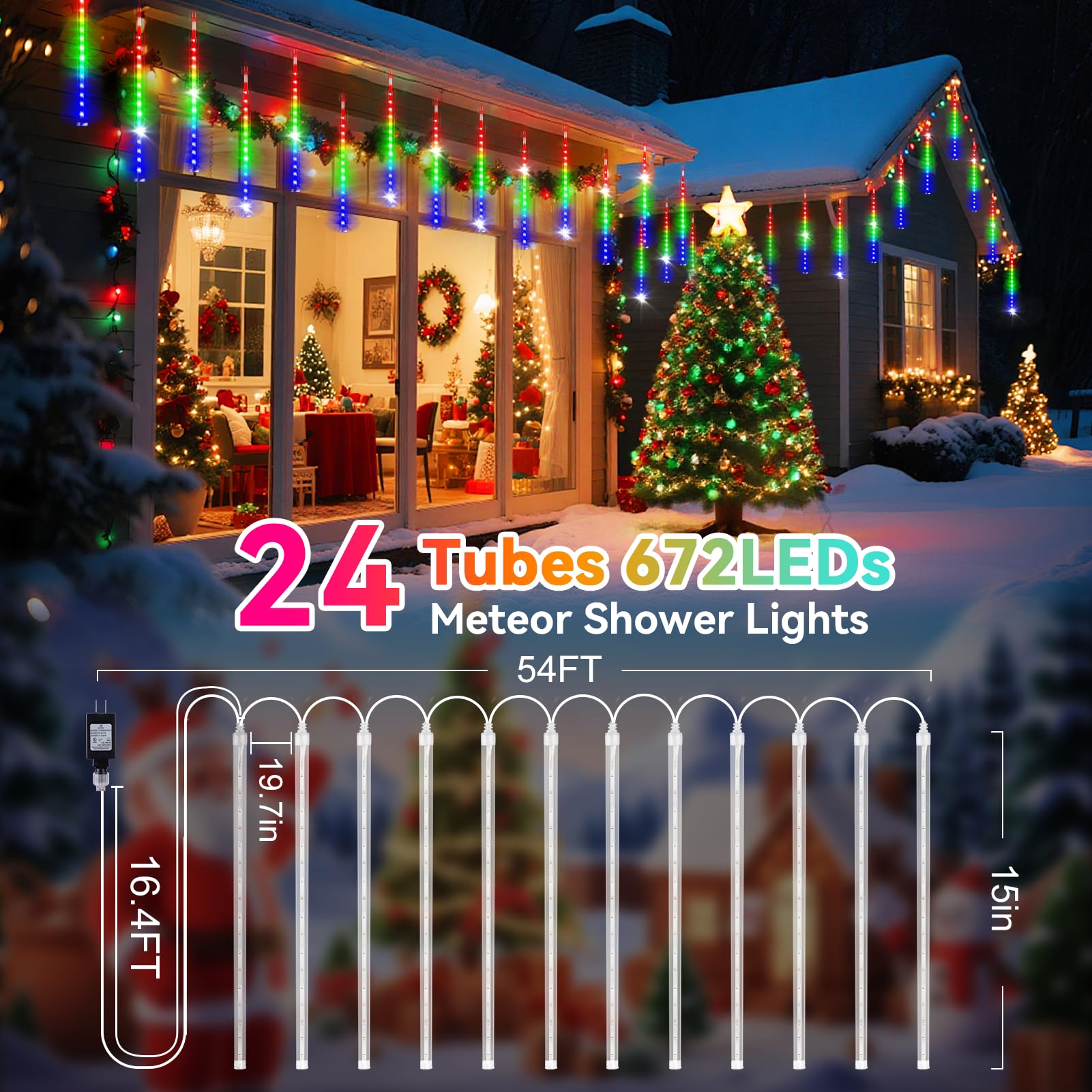 KNONEW 15in Outdoor Christmas Lights, 24 Tube 672 LED Meteor Shower, Waterproof, Multicolor, Model KN-1000-LIG168-01