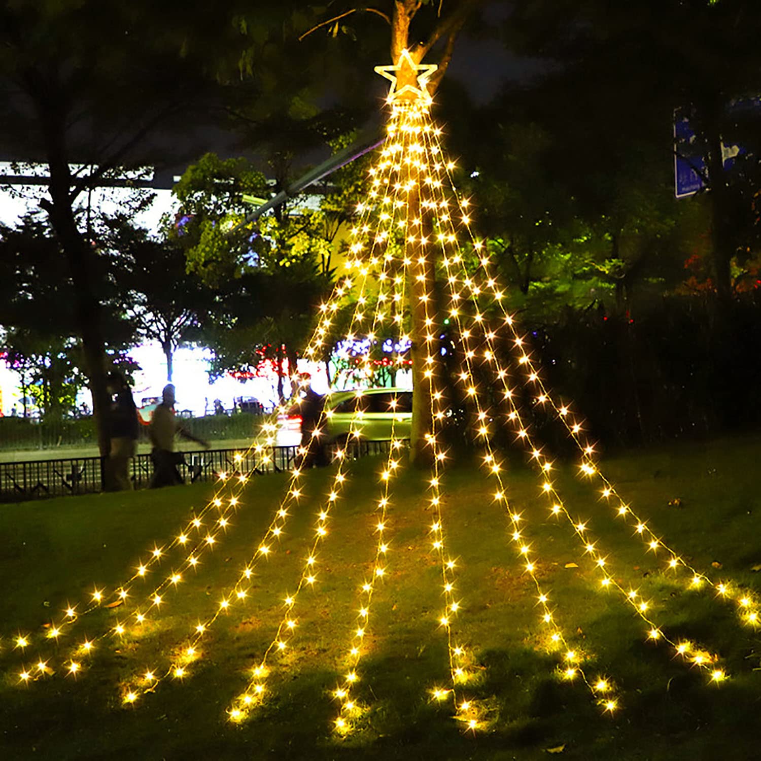 Christmas Decorations Star String Lights, 320 Leds Outdoor Waterfall Tree Lights With 13" Topper Star, Plug In Waterproof Hanging Fairy Lights For Xmas New Year Holiday Party Yard Decor (Warm White)