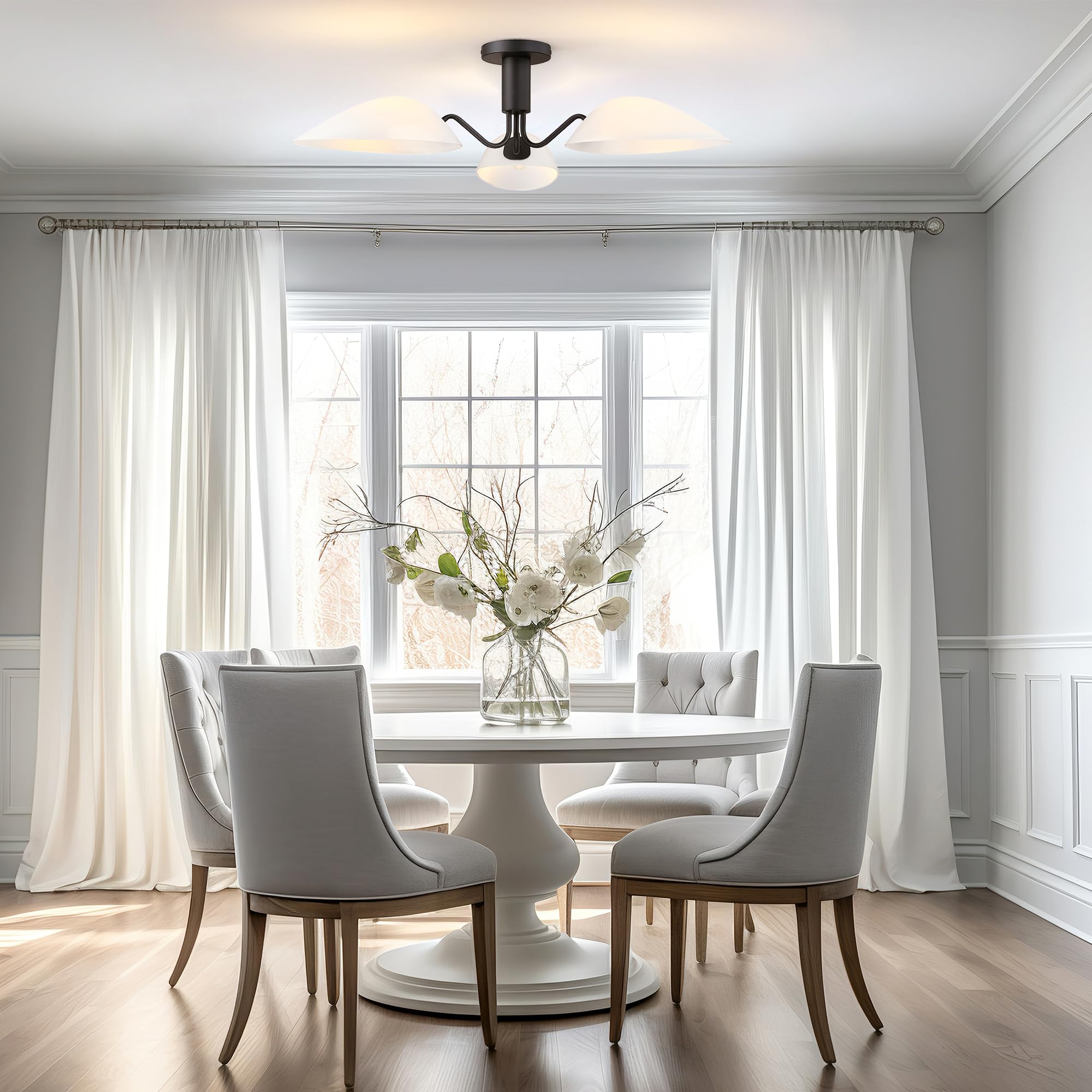 Modern Black 3-Light Ceiling Light With Opal White Glass Shade Semi Flush Mount Ceiling Light For Living Room Hallway Sputnik Ch