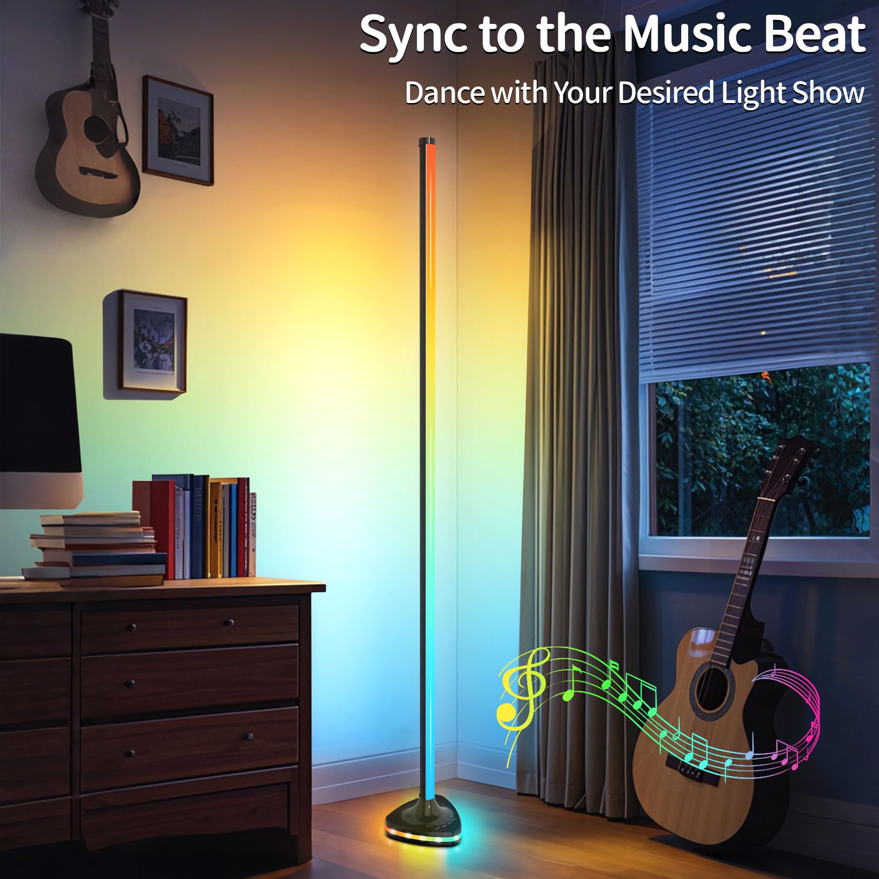 Lansuper Smart Rgb Led Corner Floor Lamp, 21W 1800Lm, Black, Model Ls903, Music Sync, 16 Million Colors, Ambient Lighting