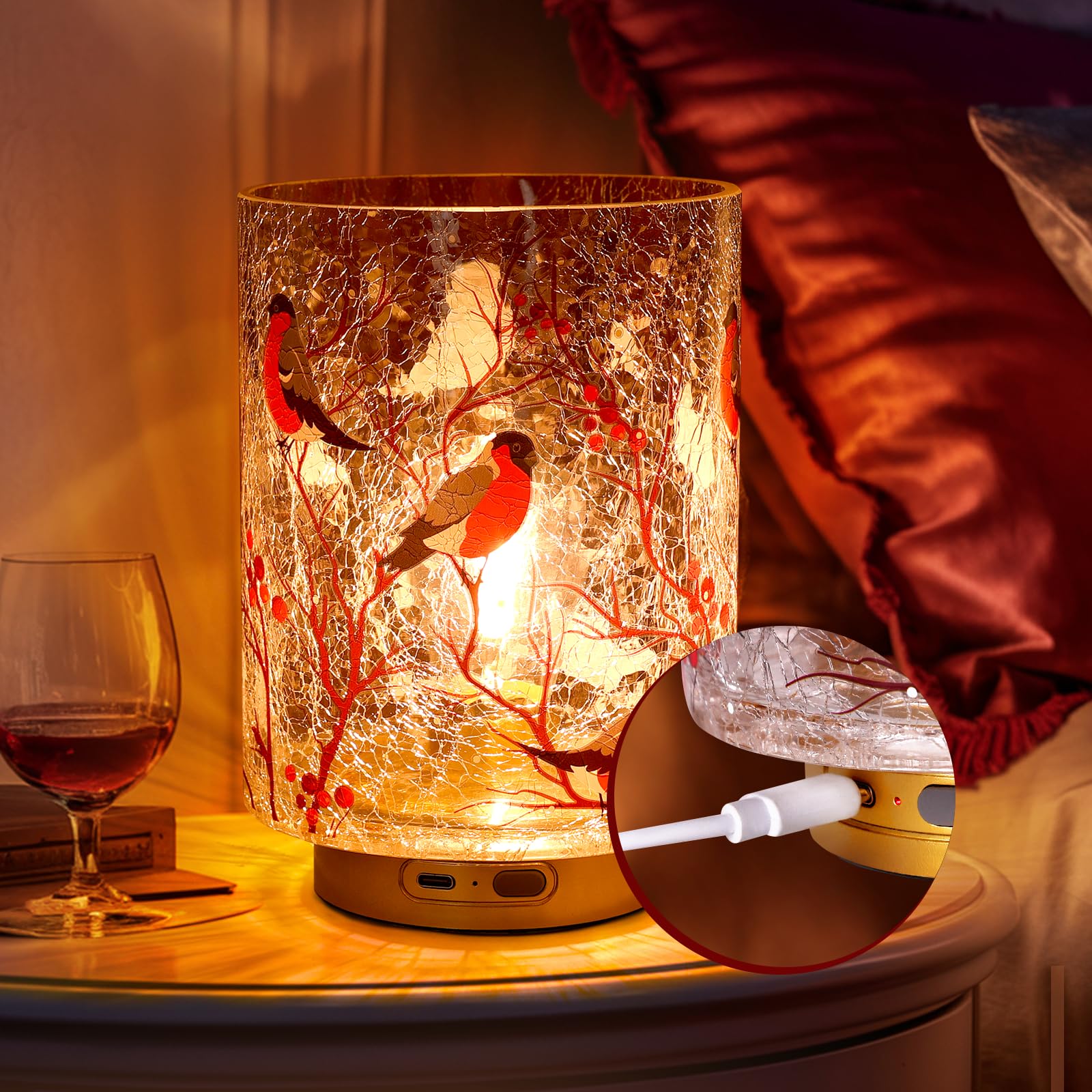 Rechargeable Battery Table Lamp Timer, Handmade Crackle Glass Lamps With Two-Level Dimmer, Emergency Cordless Lamp For Area No P