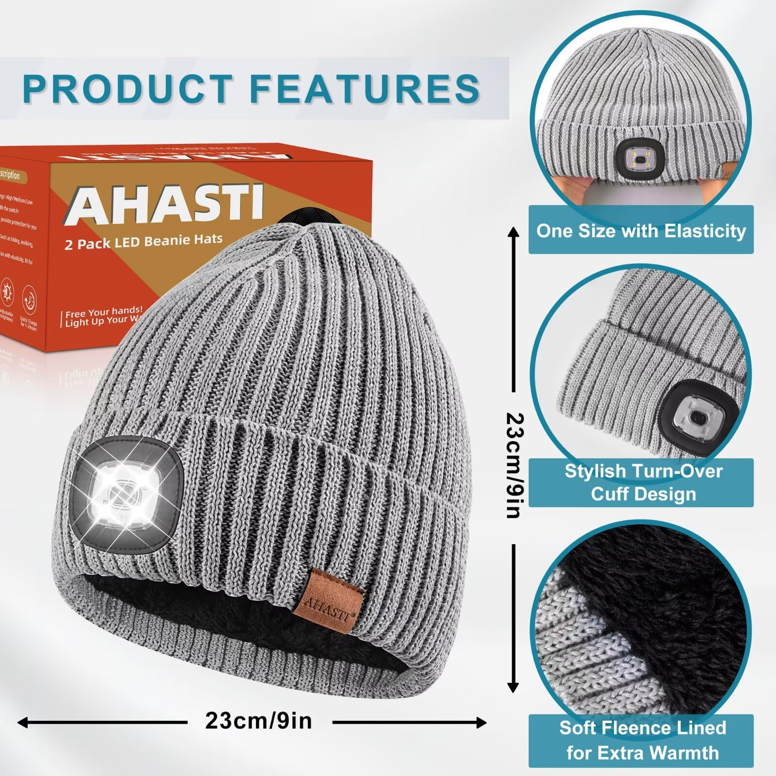 Beanie With Light For Men 2 Pack  Hat With Light Built In Rechargeable Winter Warm Knitted Headlamp Caps  Gift For Men Dads Husband Led Beanie Hats With Light(Black&Dark Orange)