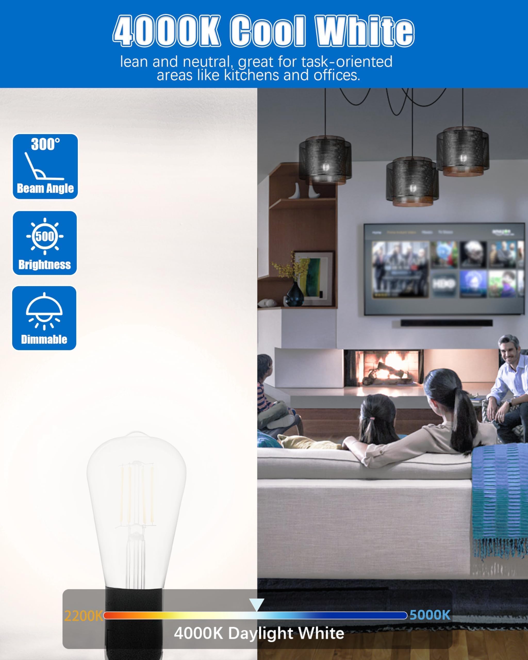 MASTERY MART Edison Bulbs Dimmable 5.5W E26 LED 4000K Cool White Glass, 6 Pack, Model MM-ST19