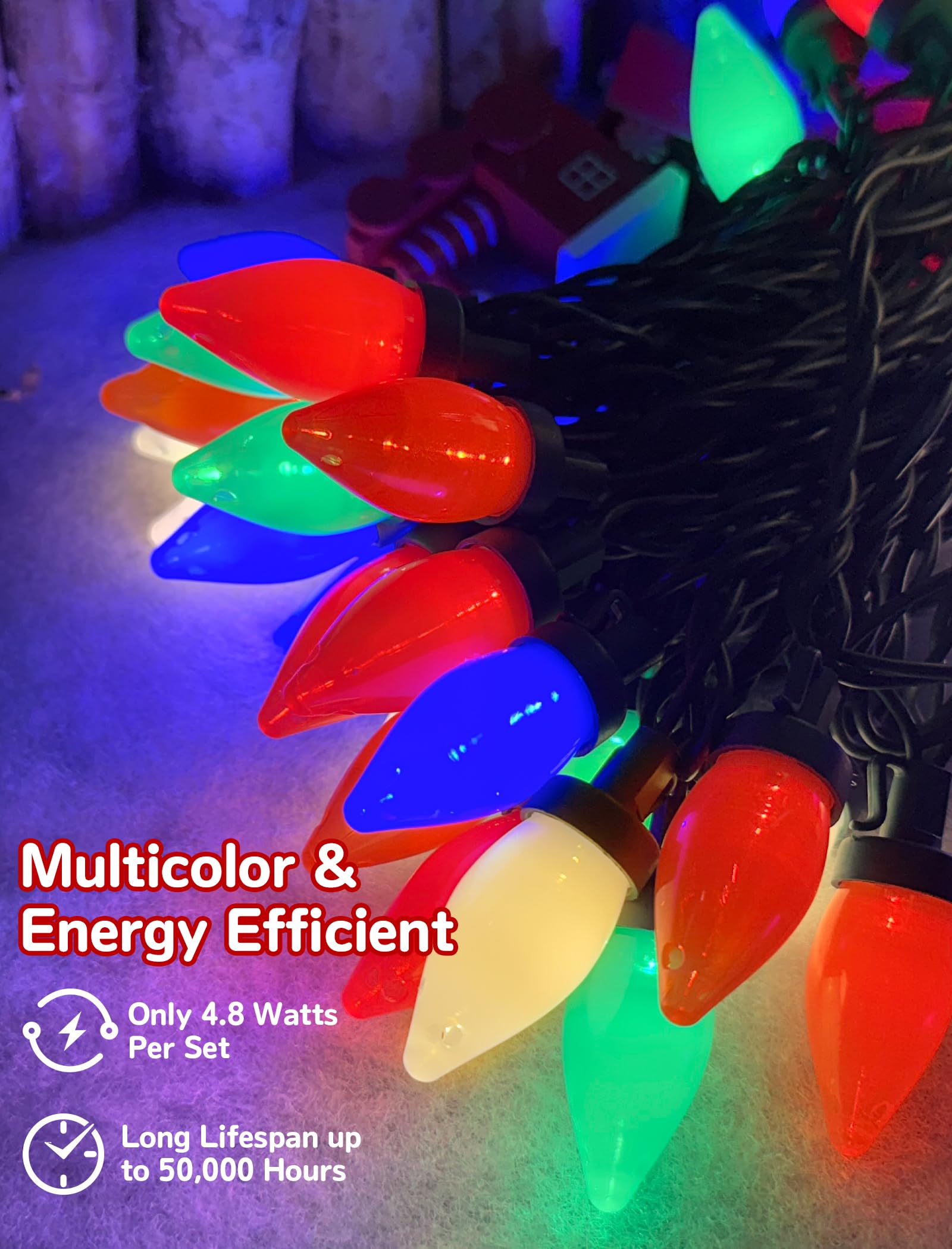 Romasaty C7 Led Christmas Lights  26Ft C7 Vintage Christmas Lights With 50 Multicolor Led Bulbs  Colorful Outdoor String Lights For Xmas Tree Home Party Garden Yard Patio Decorations