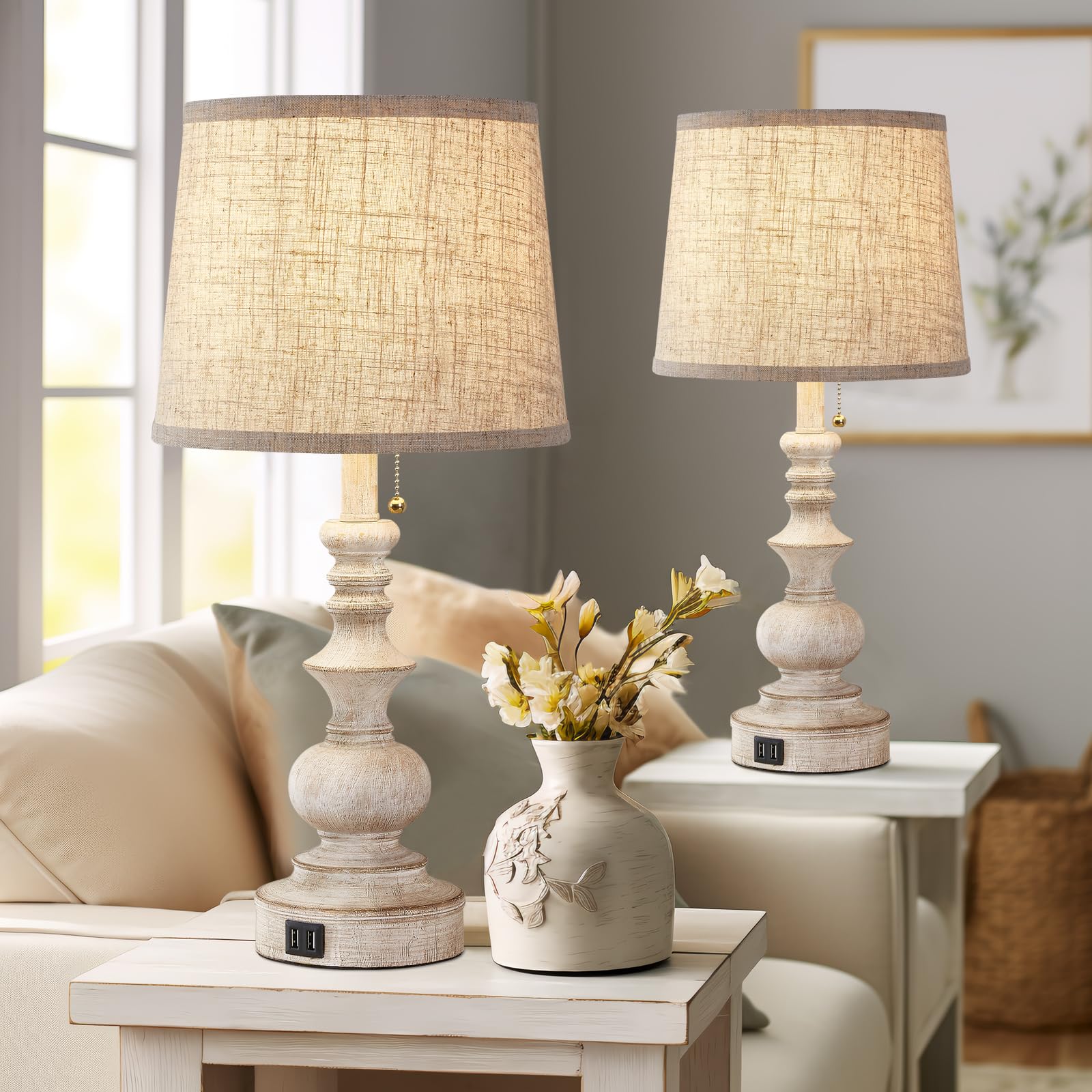 Drawealth Farmhouse Table Lamps Set of 2 with USB Ports, 22'' White, Wooden Finish, Model T0066B, Ideal for Bedrooms & Living Rooms