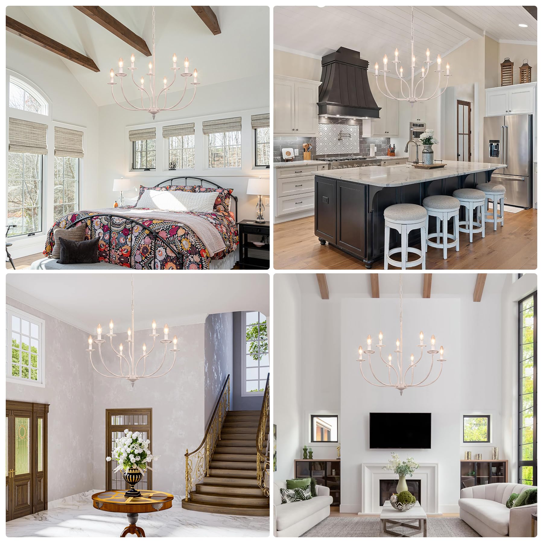 Rviezza French Country Chandelier, 9-Light Antique White Farmhouse Chandelier, 2-Tier Candle Modern Farmhouse Chandeliers For Di
