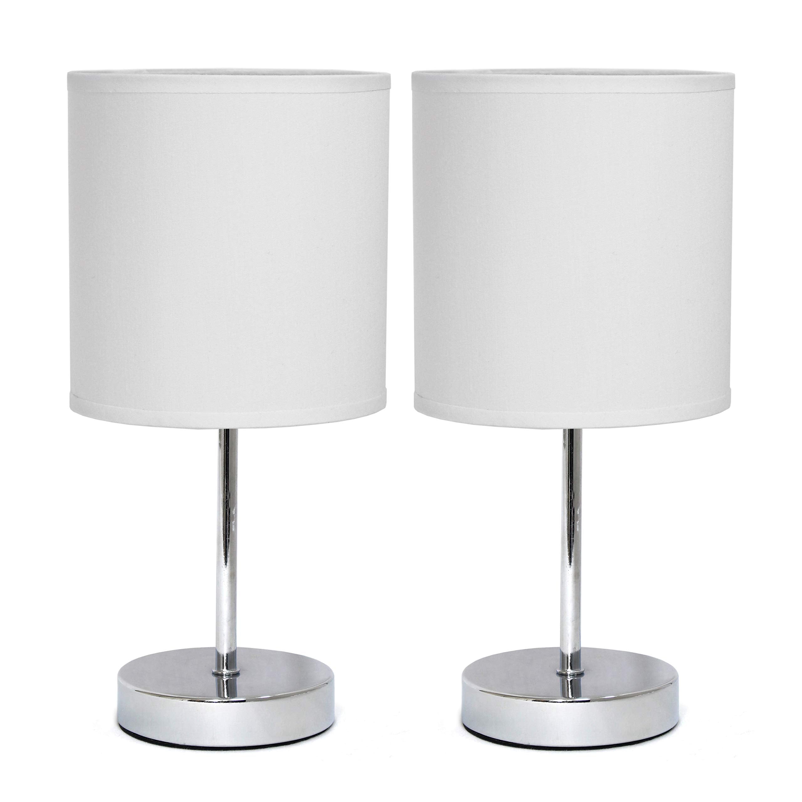 Simple Designs LT2007-WHT-2PK Chrome Mini Table Lamp Set, Fabric Shade, White, No Bulb, 2 Pack