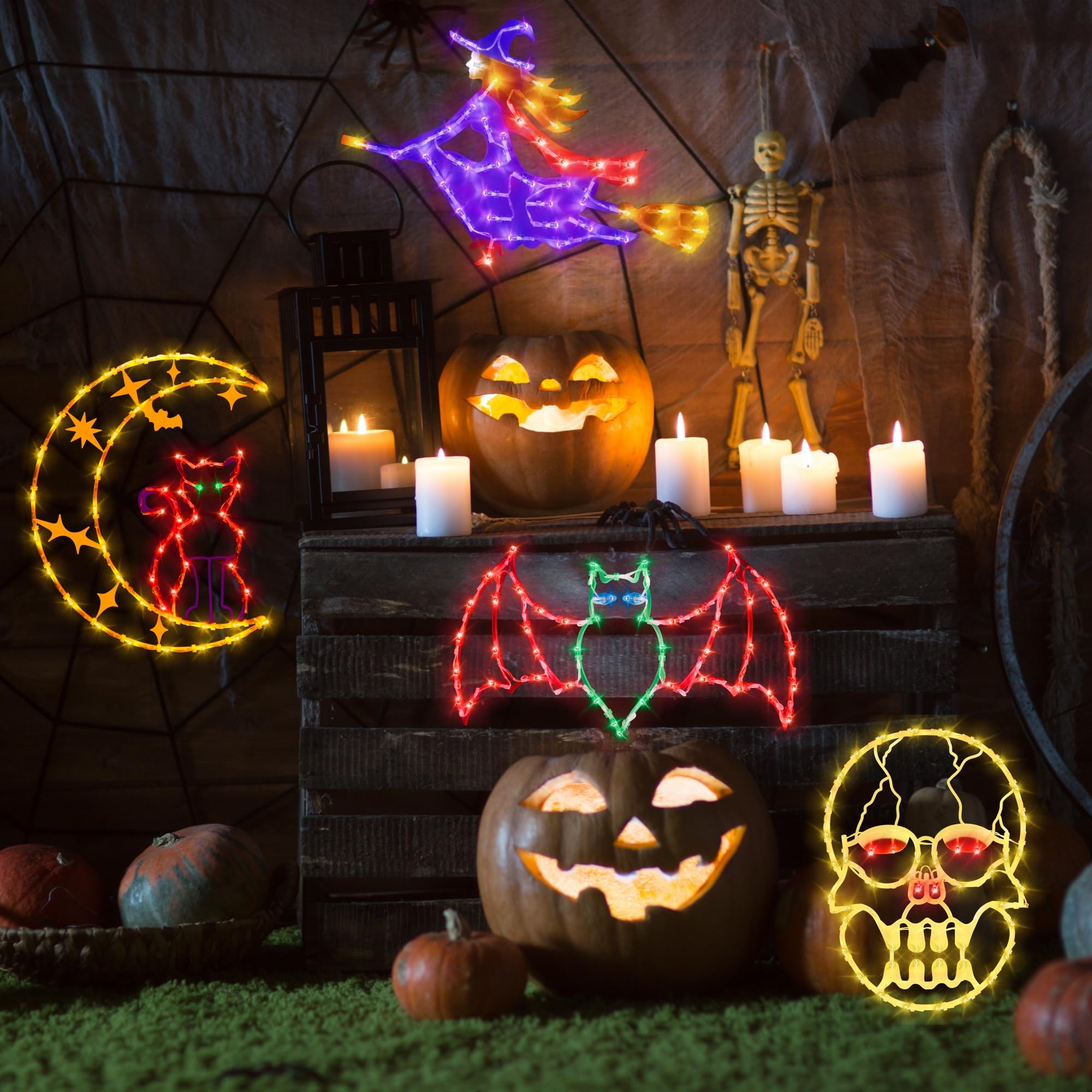Trwymz Halloween Window Lights - 16" Halloween Window Silhouette Lights - 4 Pack Colour Lighted Witch & Bat & Skull Head & Cat On Moon For Holiday Indoor And Outdoor Wall Door Window Decorate