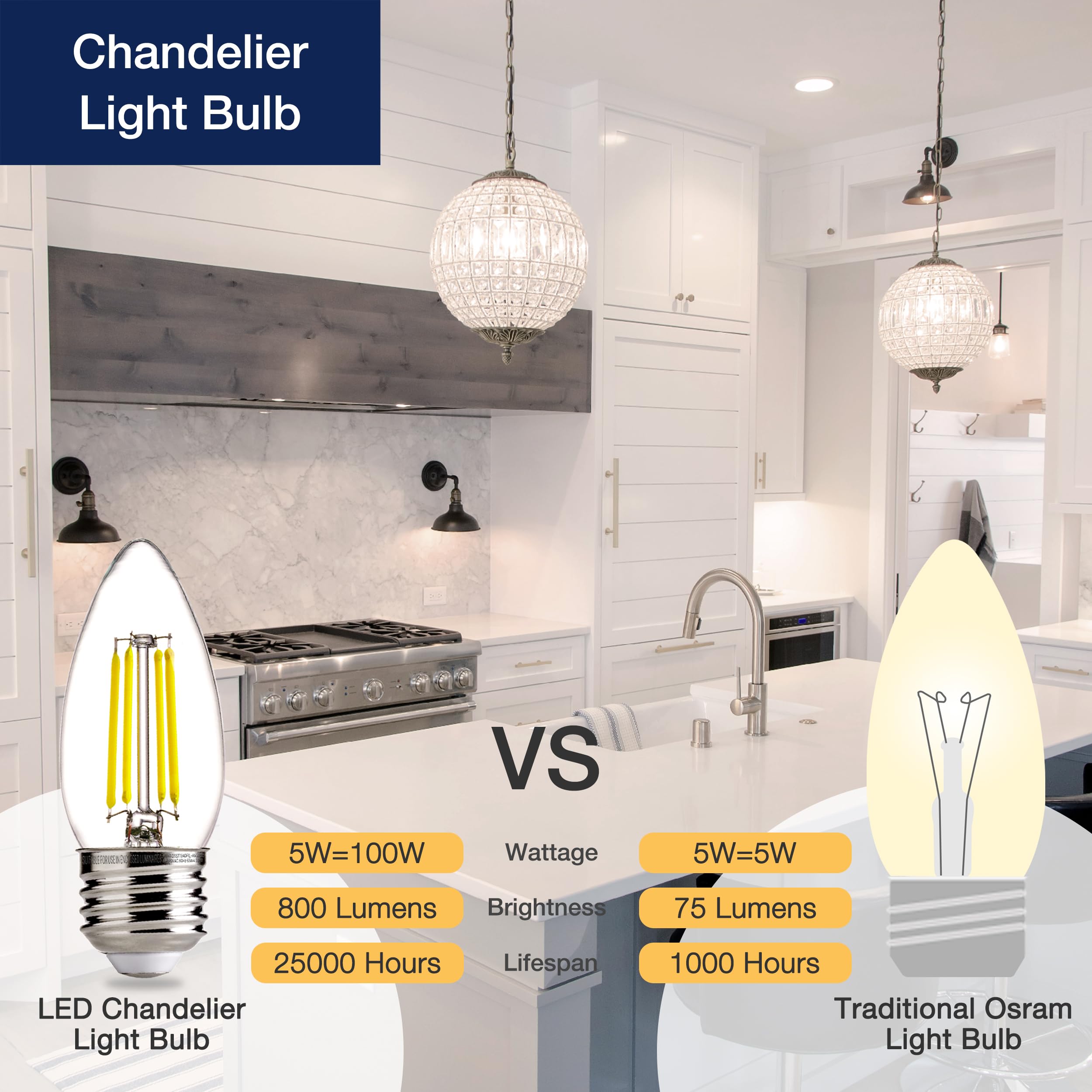 Flsnt 100W Equivalent Led Chandelier Light Bulbs E26 Base, 5000K Daylight Dimmable Led Candelabra Bulbs, 800Lm, 12Pack