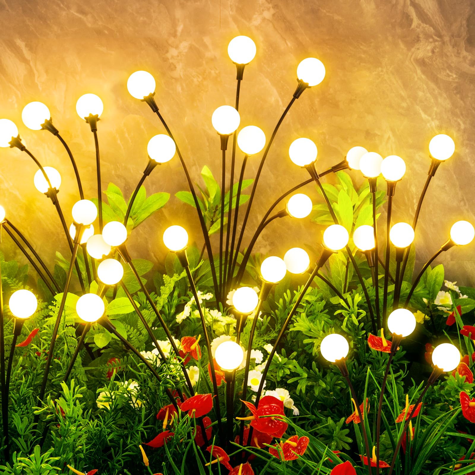 Vignuto Solar Lights Outdoor 48 LED Warm White Firefly Lights 6 Packs Garden Decor
