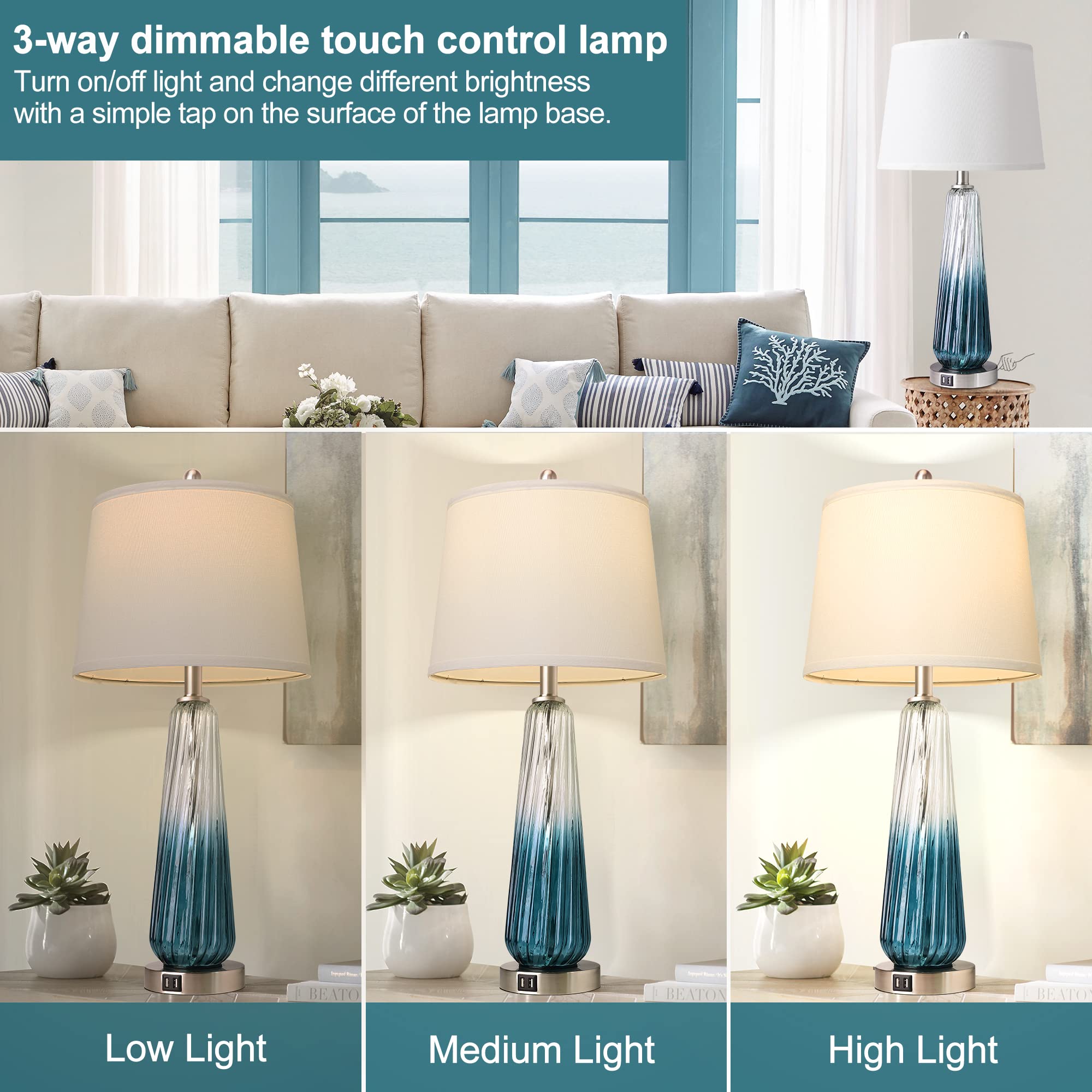 Table Lamps For Living Room With Touch Control, 3-Way Dimmable Bedside Lamps With 2 Usb Ports, Modern Glass Nightstand Lamp With