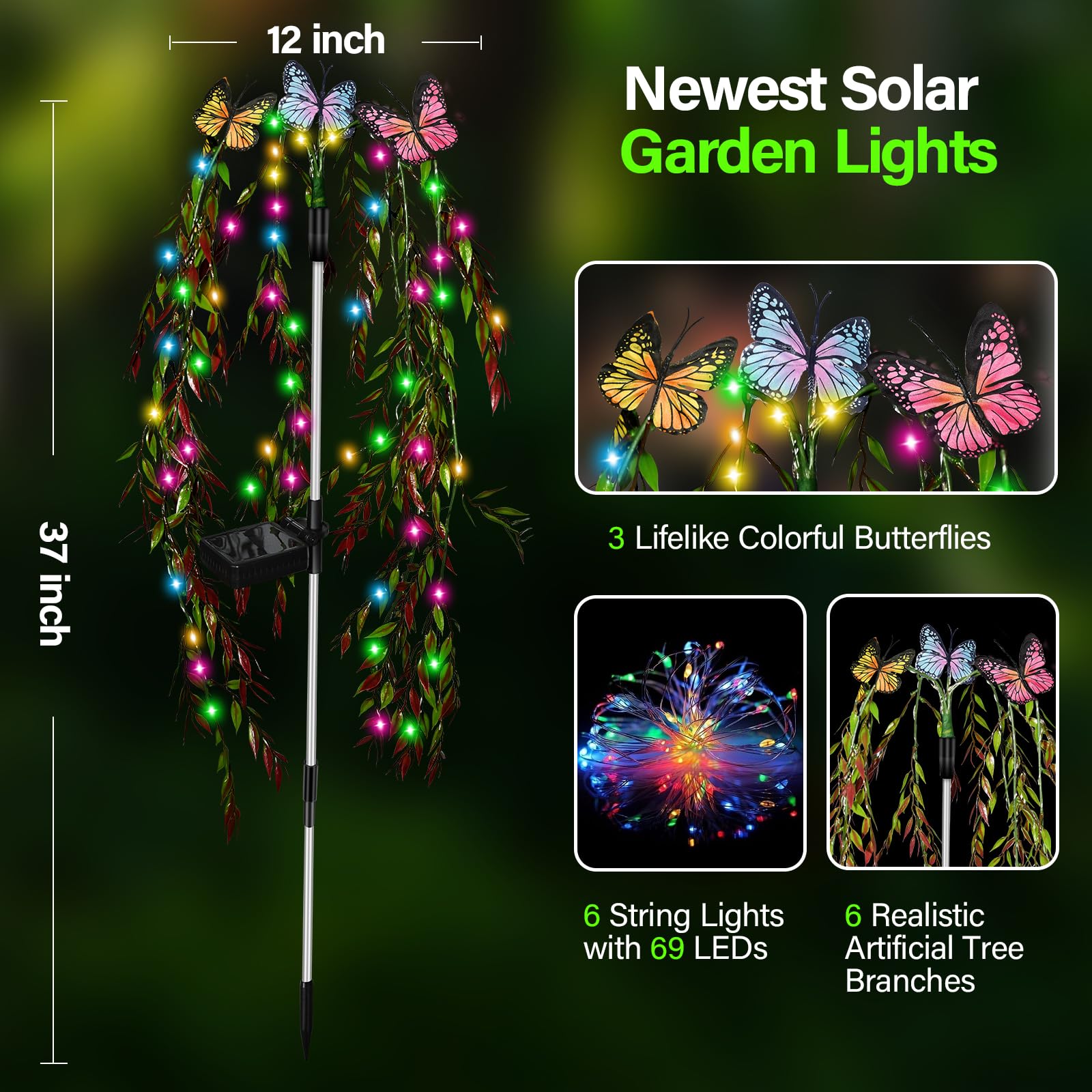 Rwnxkarn Solar Garden Lights - Waterproof 69Led Swaying Tree & Butterfly Flower Decor