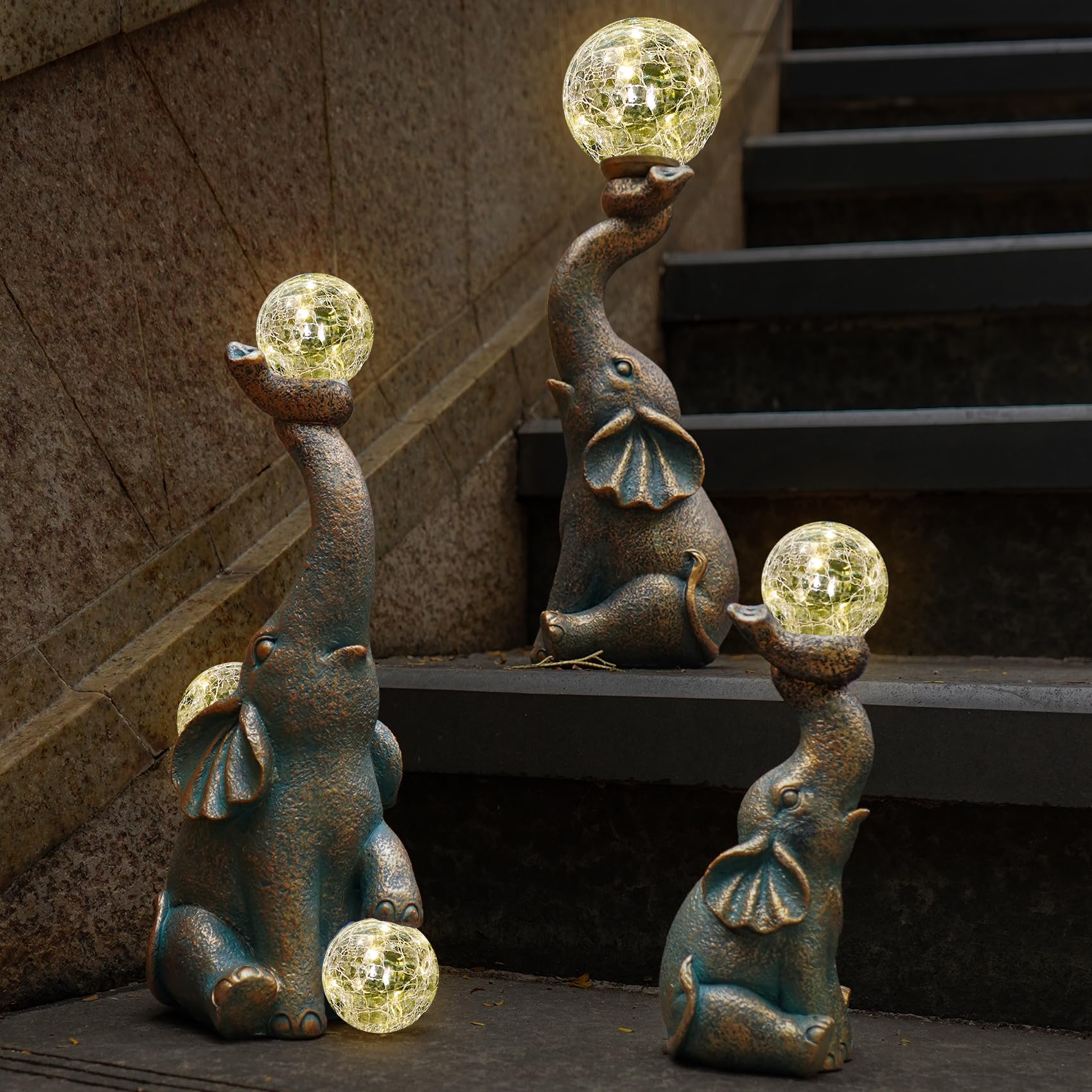 Mininova Garden Decor Outdoor Statues Elephant With Cracked Glass Balls, Cute Solar Figurine For Patio, Lawn, Yard Art Ornament