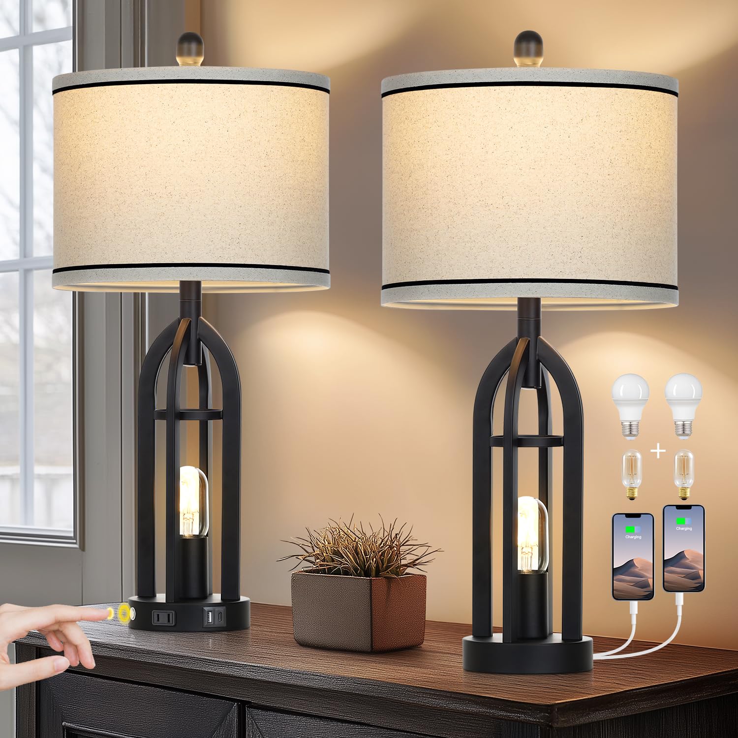 Cinyirong 27'' Farmhouse Table Lamps Set of 2 with USB A+C Charging Ports,3-Way Dimmable Touch Control Bedside Lamps with Nightl