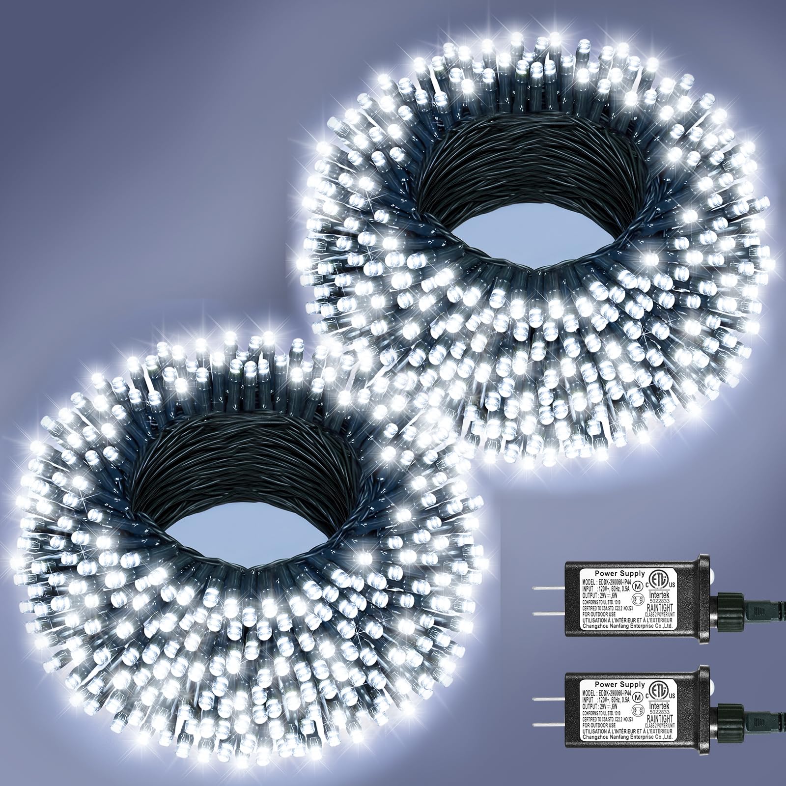 Nielfoi 2 Pack Outdoor Christmas Lights, 200FT 600LED, Waterproof, Green Wire, 8 Modes, White