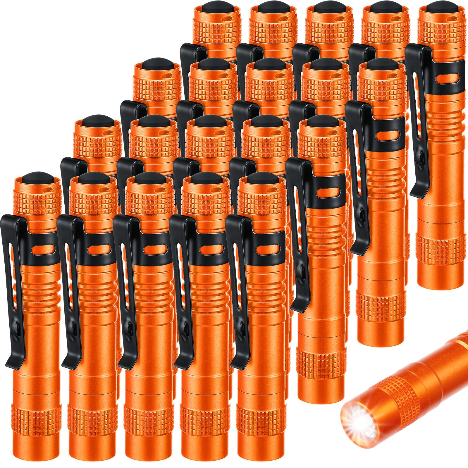 Hortsun Mini Pen Light Flashlights, 3.54 Inch, Aluminum, Orange, 20 Pcs, Pocket Size, Clip-On Design