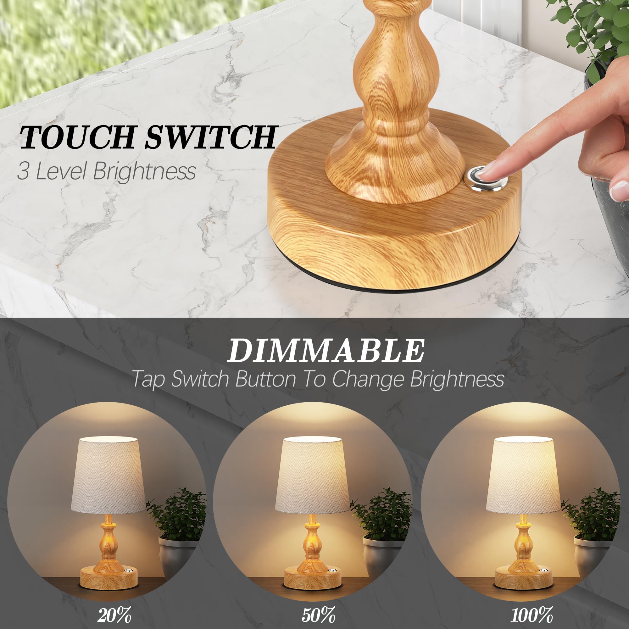 PARTPHONER Mini Cordless LED Table Lamp - Rechargeable 5200mAh, Touch Dimmable, 3-Level Brightness, Wood Grain Finish, Model STR-LP-TL001