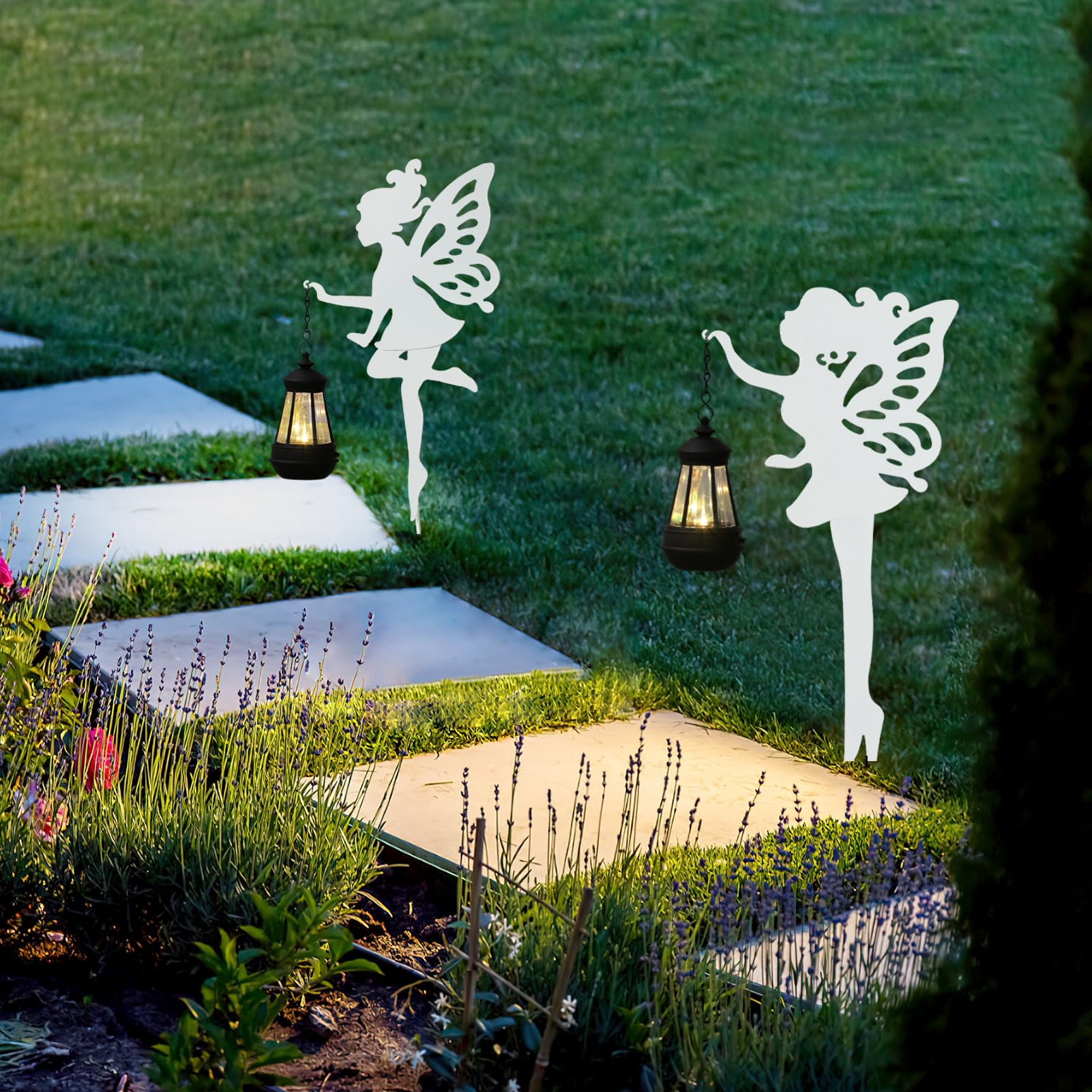 YUNJACKEYDZ Solar-Garden-Lamp 2 Pack Metal Fairy Hanging Lanterns, Solar Outdoor Decorative Stake Ornaments for Lawn, Patio or C