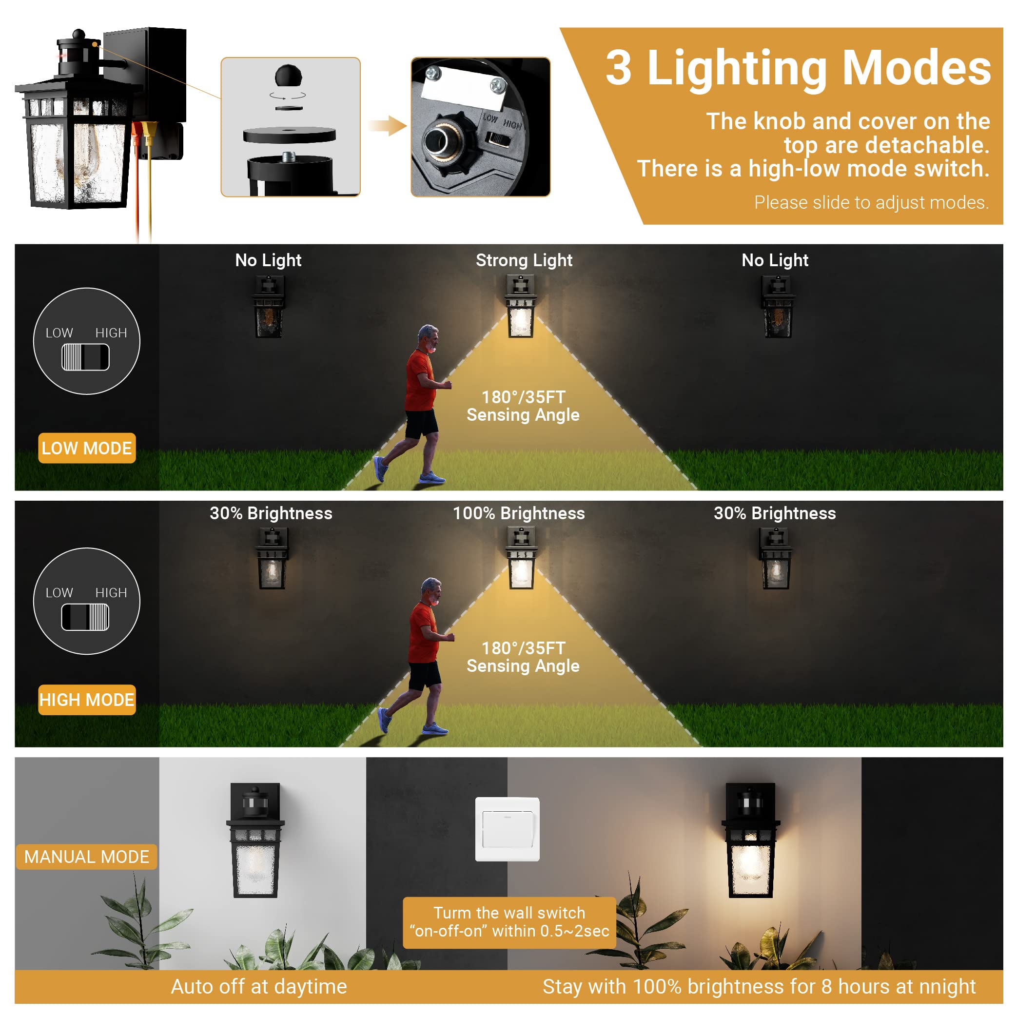 VIOAOEAFA Outdoor Porch Light with GFCI Outlet, Dusk to Dawn Motion Sensor, Aluminum, Black, 1 Pack, Model D2206-B03