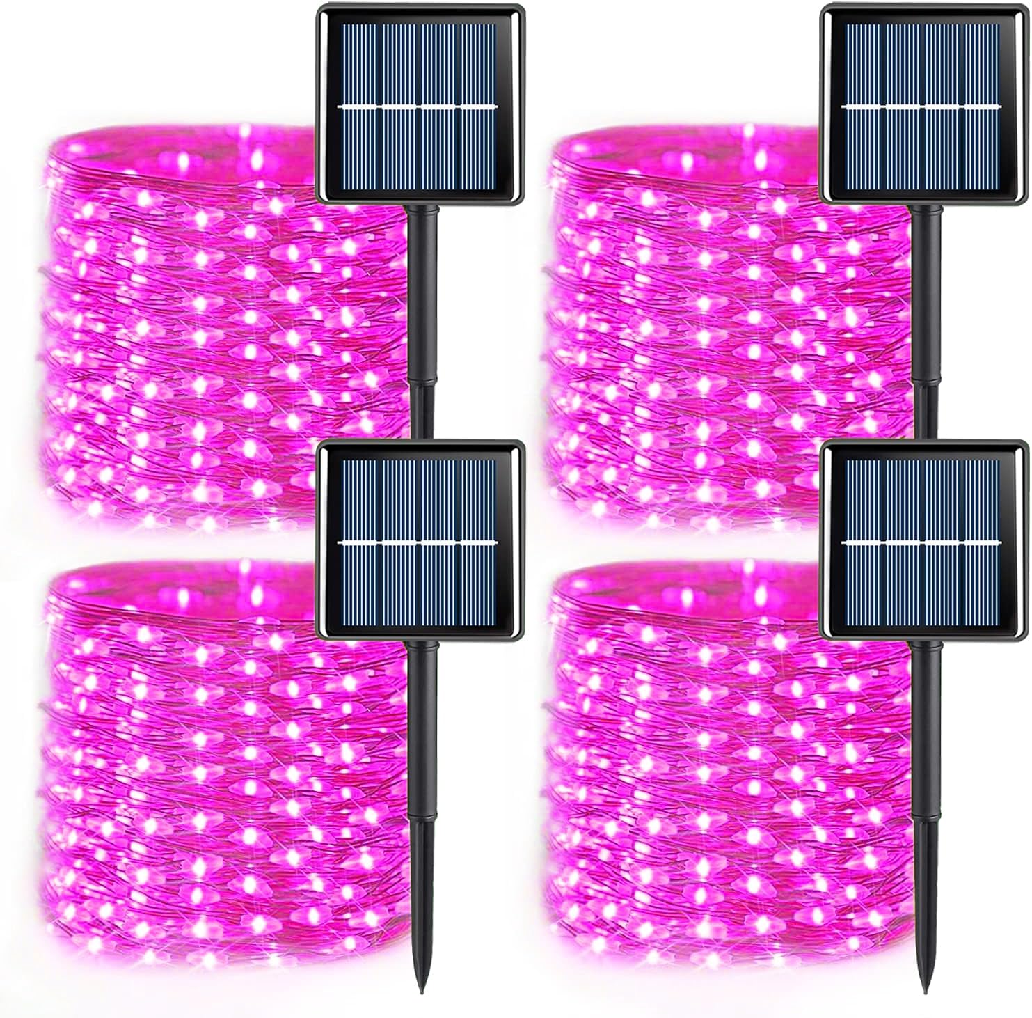QITONG 4 Pack Solar Fairy Lights, Each 33ft 100 LED Pink Christmas String Lights Outdoor Waterproof, 8 Modes Copper Wire Twinkle