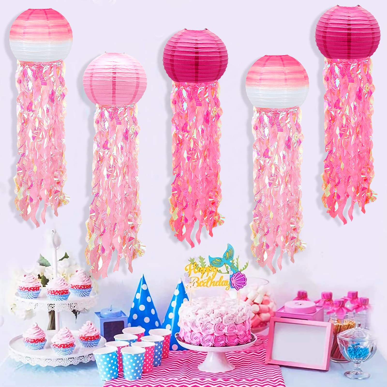 6 Packs Jellyfish Paper Lanterns Hanging Mermaid Wishes Lantern Gradient Pink Rose Red Ocean Theme Party Supplies Great For Kids