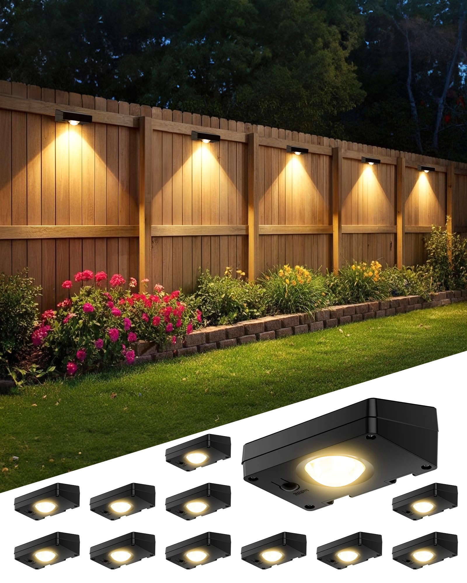 FabStyl Solar Fence Lights Outdoor Waterproof, Fence Light Solar Powered with 3 Modes for Outside, Deck, Step, Yard, Stairs, Bal
