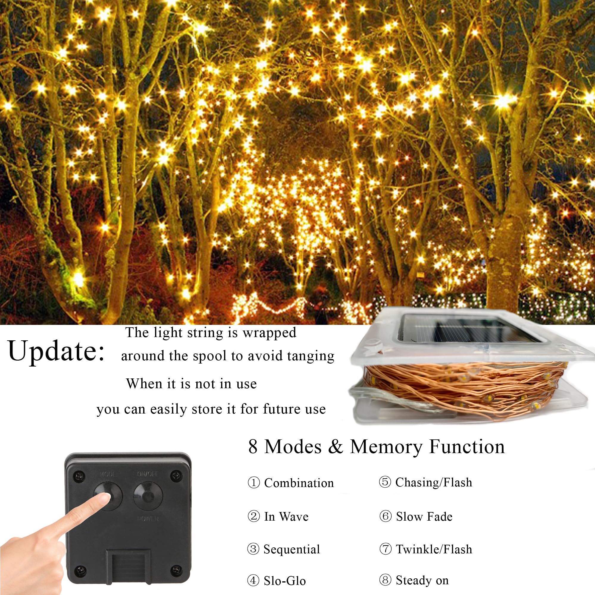 Joomer Solar Fairy Lights Outdoor, 80FT 240LED Waterproof String Lights, Warm White, 8 Modes for Garden Decoration