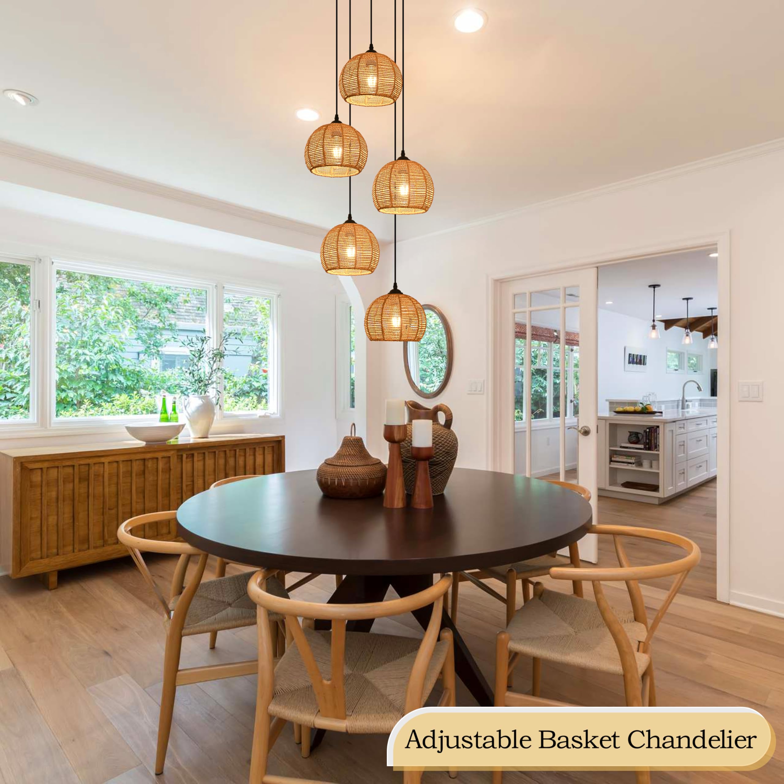 5-Light Woven Foyer Chandeliers For High Ceiling,5 Dome Boho Rattan Pendant Light Farmhouse Wicker Ceiling Light,Rustic Hemp Rop