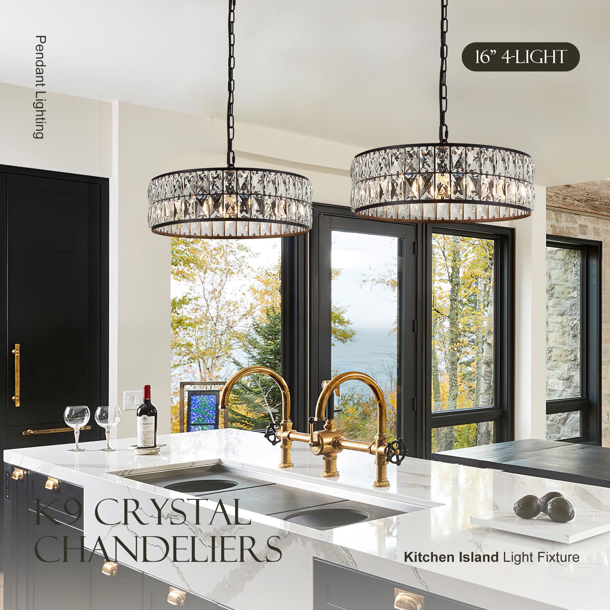 Salaiwei 16    4-Light Modern Crystal Chandeliers Black Dinning Room Light Fixture, Round Pendant Light Kitchen Island Chandelie