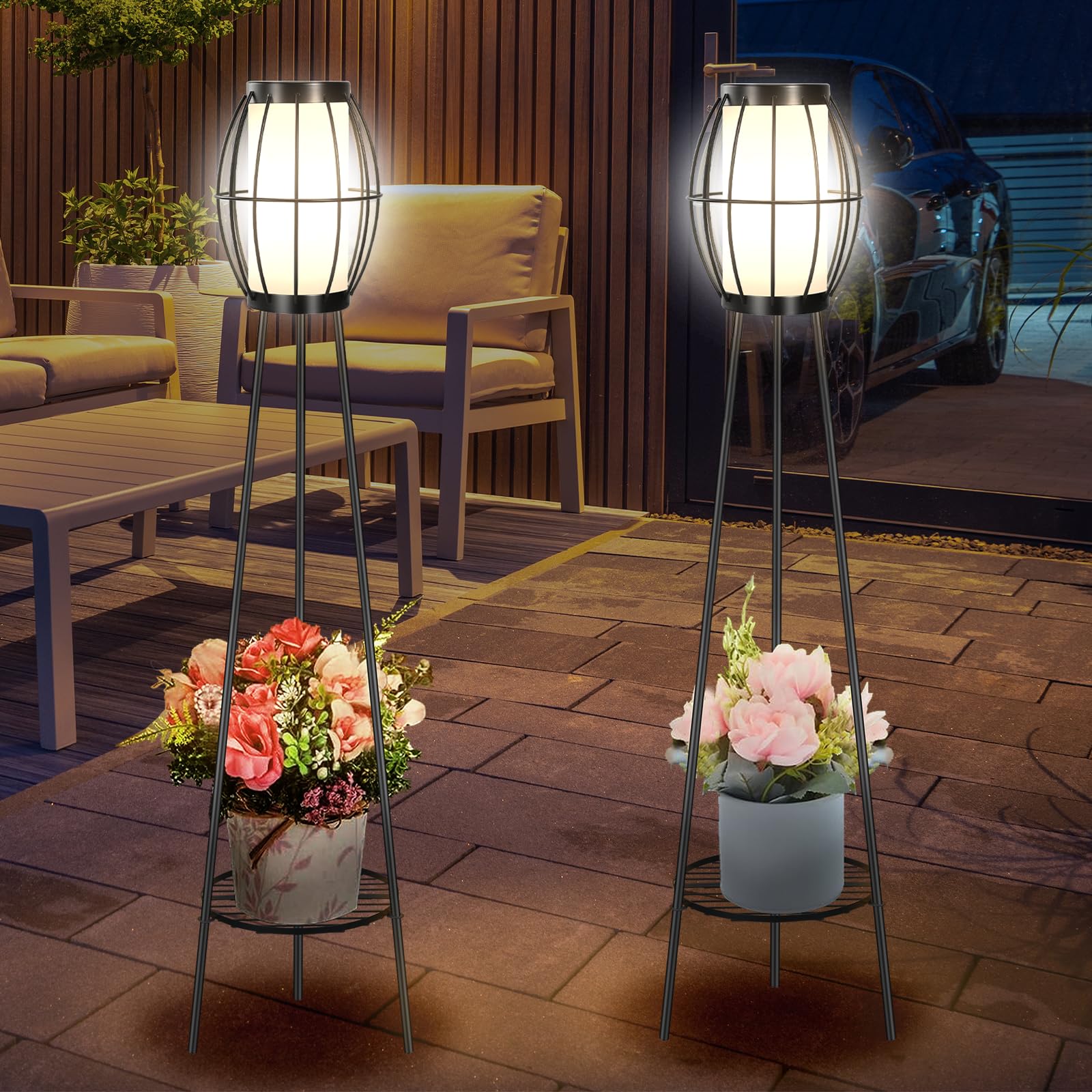Outdoor Solar Lights With Plant Stands, 37'' Metal Solar Powered Outdoor Floor Lamp Waterproof Auto On/Off, Outdoor Floor Lamps