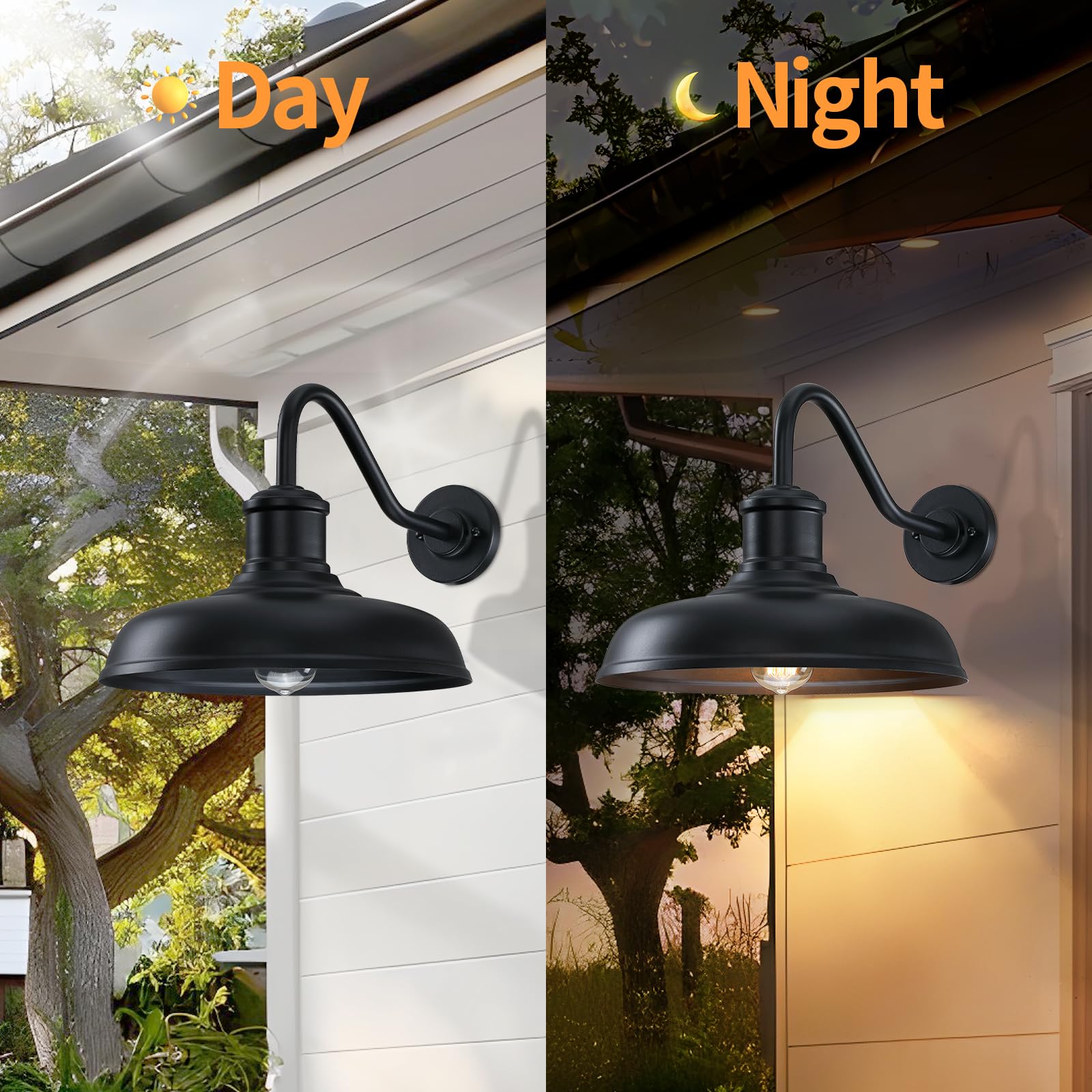 13.8 Diameter Large Outdoor Gooseneck Barn Light 2 Packs  Outdoor Wall Sconce Farmhouse Exterior Light Wall Lighting Fixture Industrial Outside Lantern For Porch  Patio  Garage  Black (No Sensor)