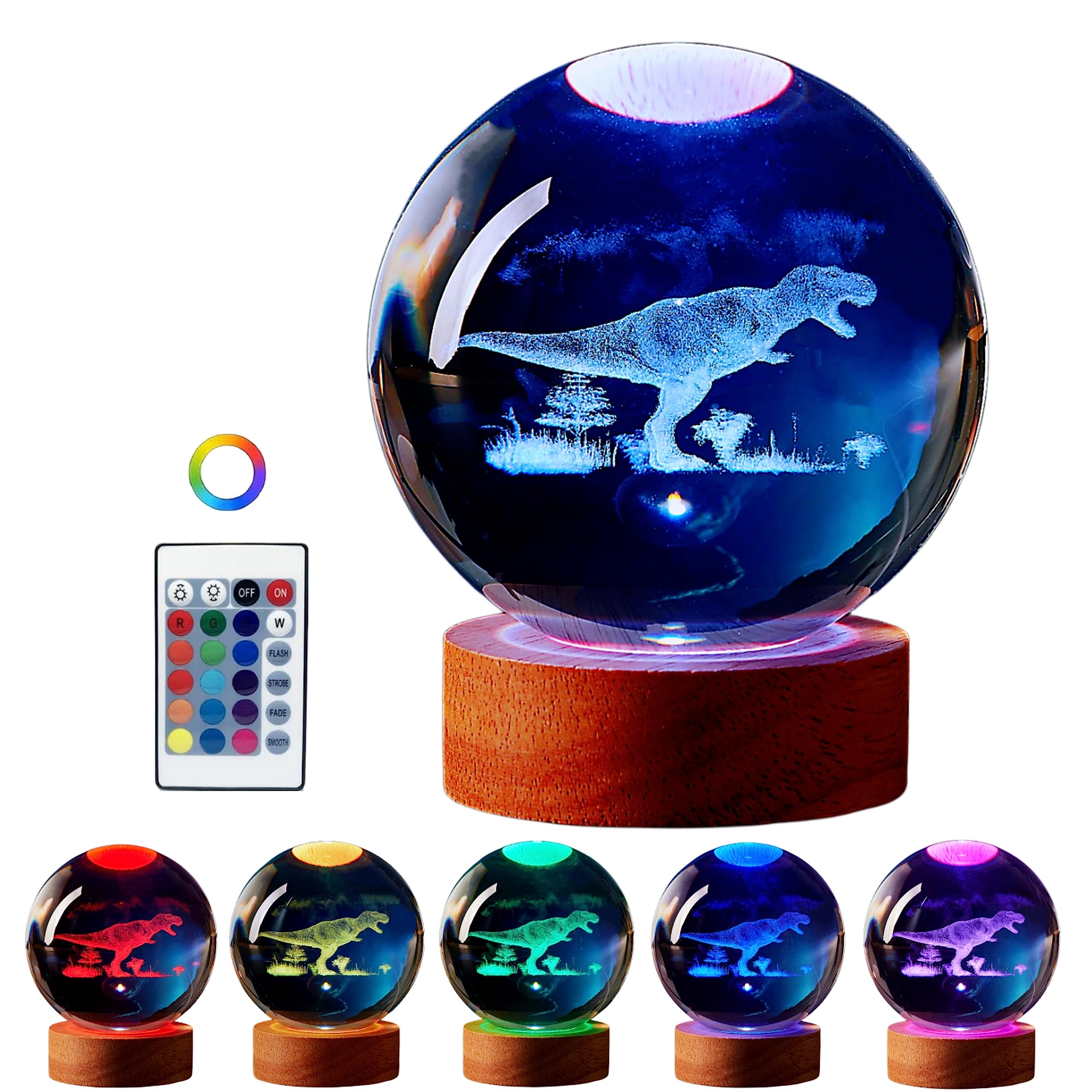 DIGFPWT Dinosaur Crystal Ball Lamp, 3D K9 T-Rex, 3.15in USB Powered, 16 Colors Change, Remote Control, Night Light with Wooden B