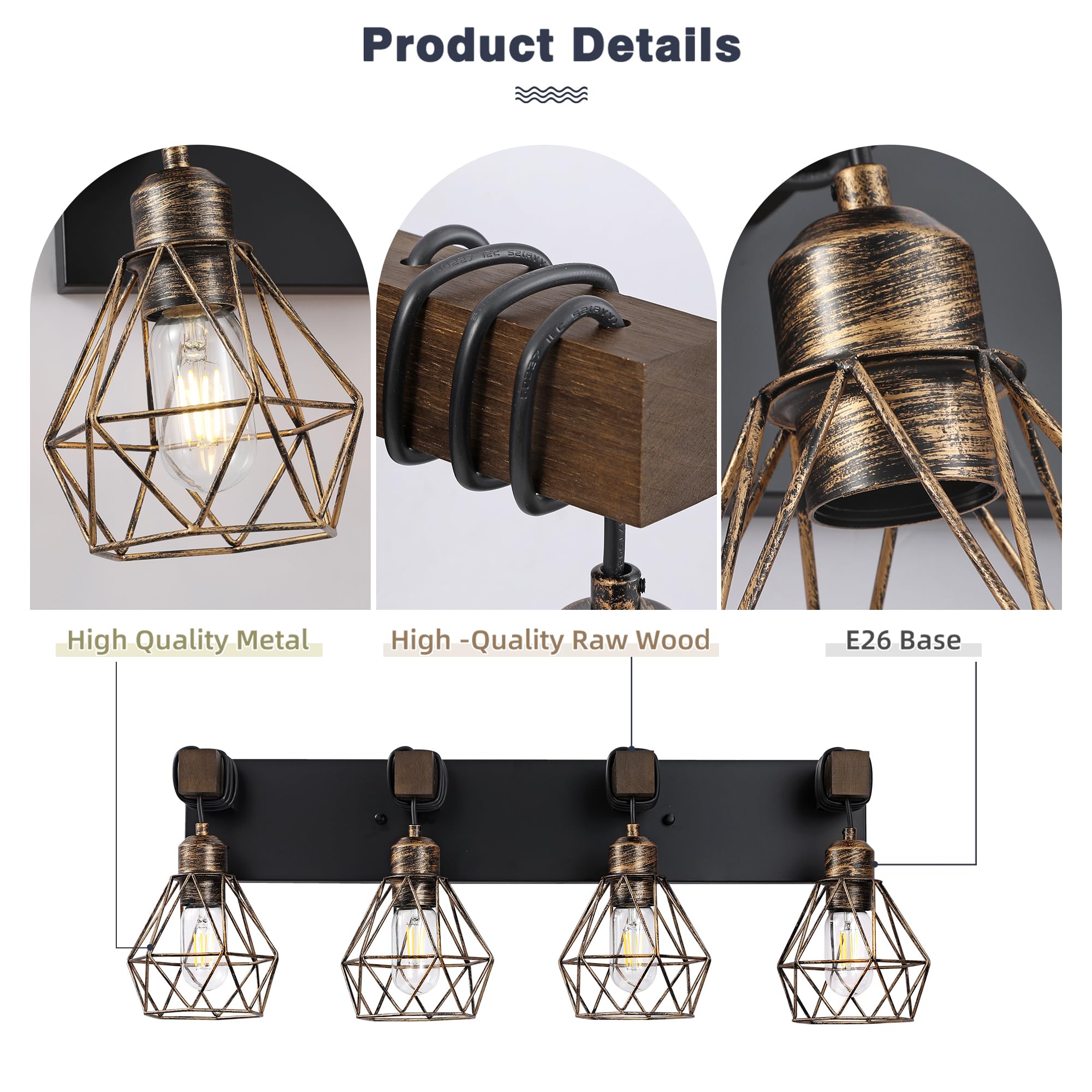 Maesta 4-Light Farmhouse Bathroom Vanity Light Fixtures, Black Gold Metal Sconces for Living Room, Bedroom, Hallway - Model MA022-4