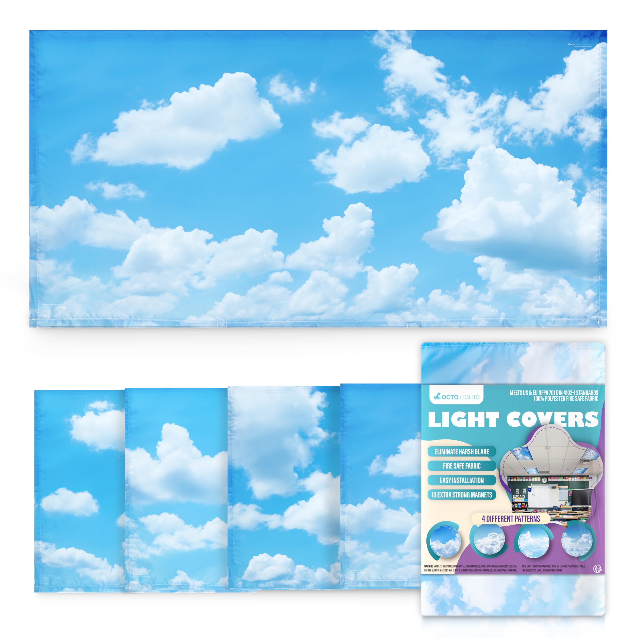 OCTO LIGHTS Fluorescent Light Covers - Magnetic 2x4 Polyester Cloud Cover - Calming Clouds - Model Cloud 001, 4 Pack